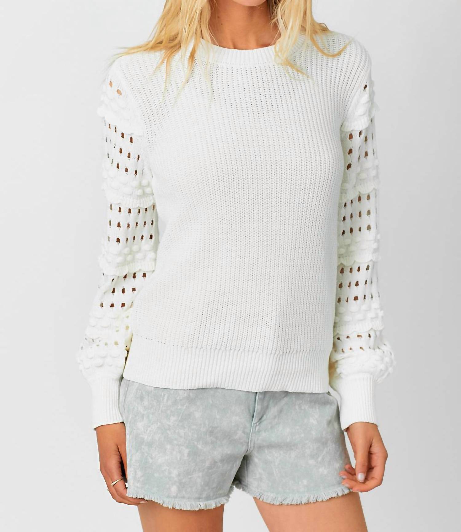 Shop Mystree Crew Neck Sweater With Textured Sleeves In White