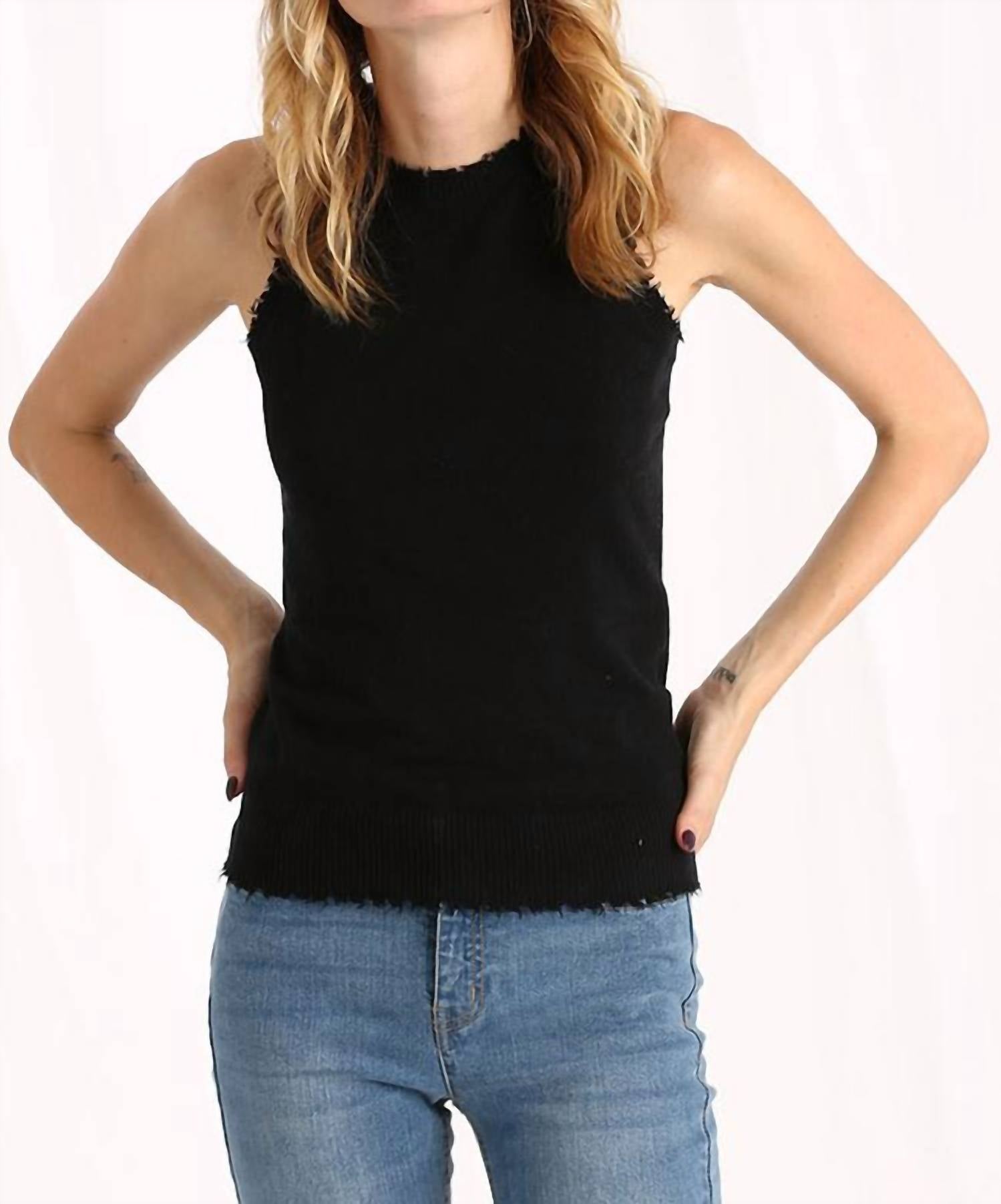 Shop Minnie Rose Cotton/cashmere Frayed Knit Tank Top In Black