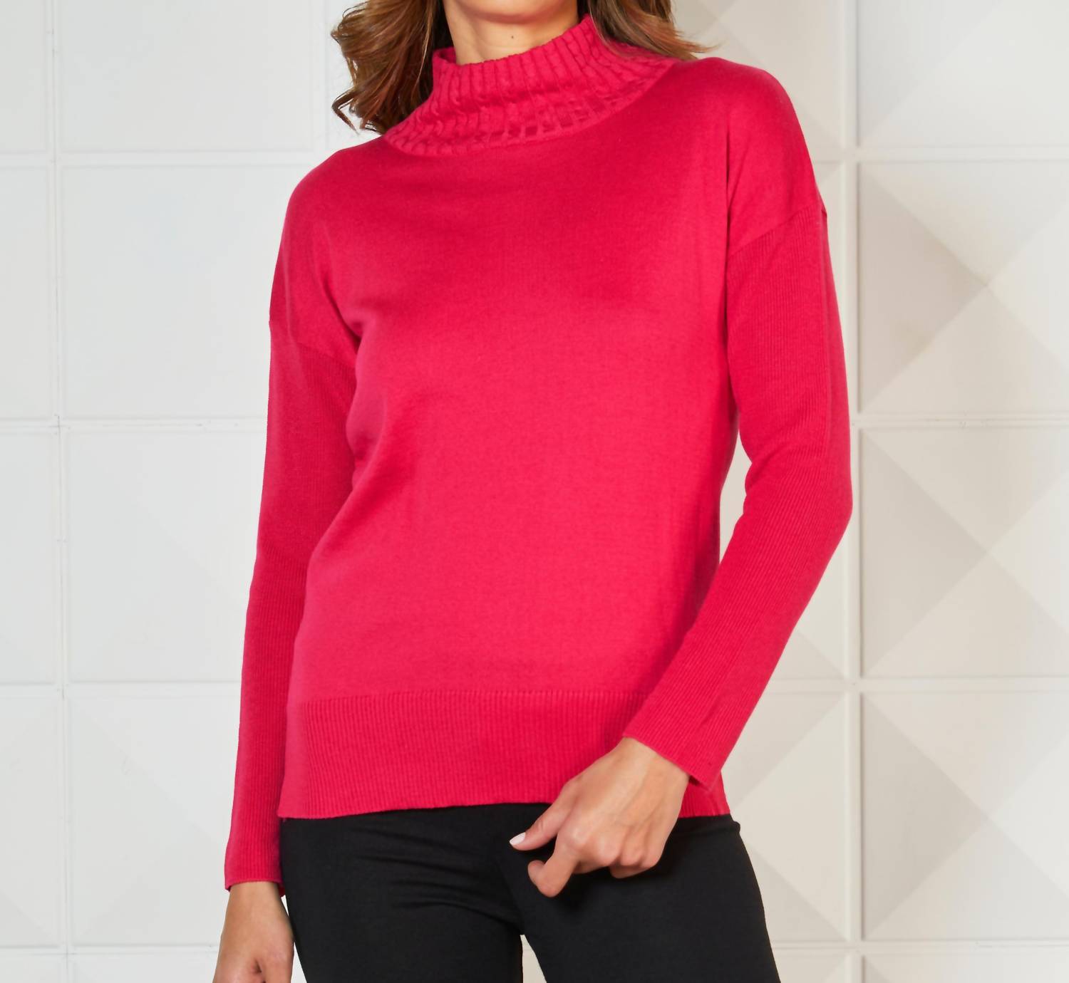 Shop French Kyss Braided Mock Neck Ribbed Sleeve Top In Rose In Pink