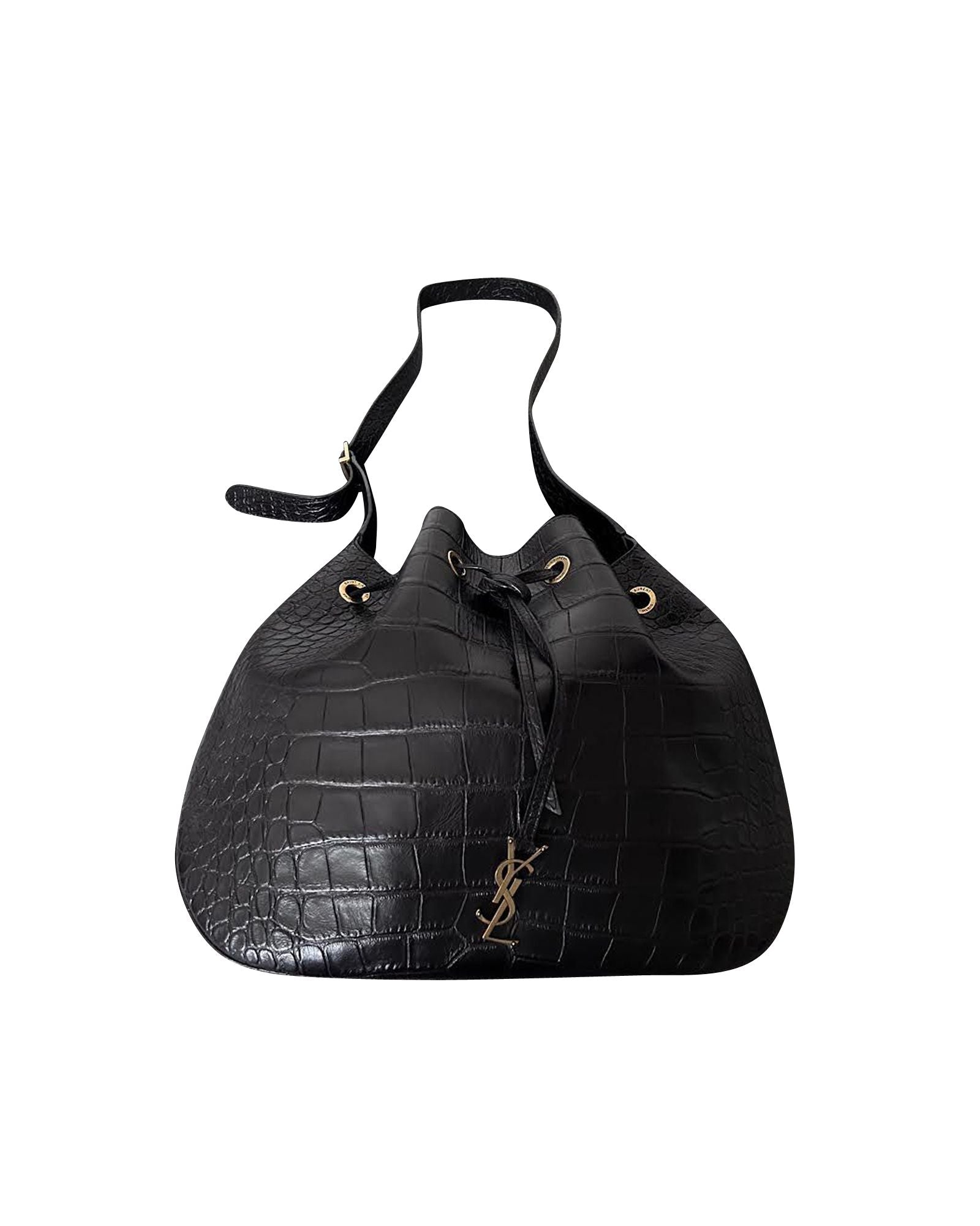 image of Saint Laurent Medium Paris VII Hobo Croc Effect Bag in Black Leather