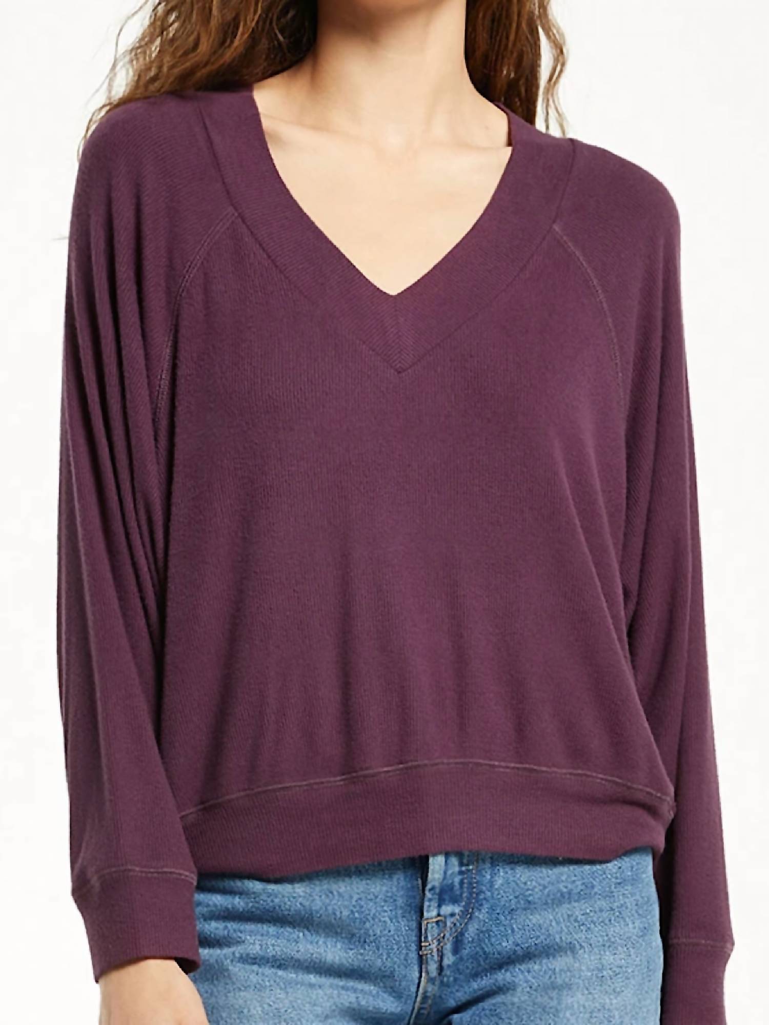 Shop Z Supply Carly Brushed Rib V-neck Top In Deep Plum In Purple