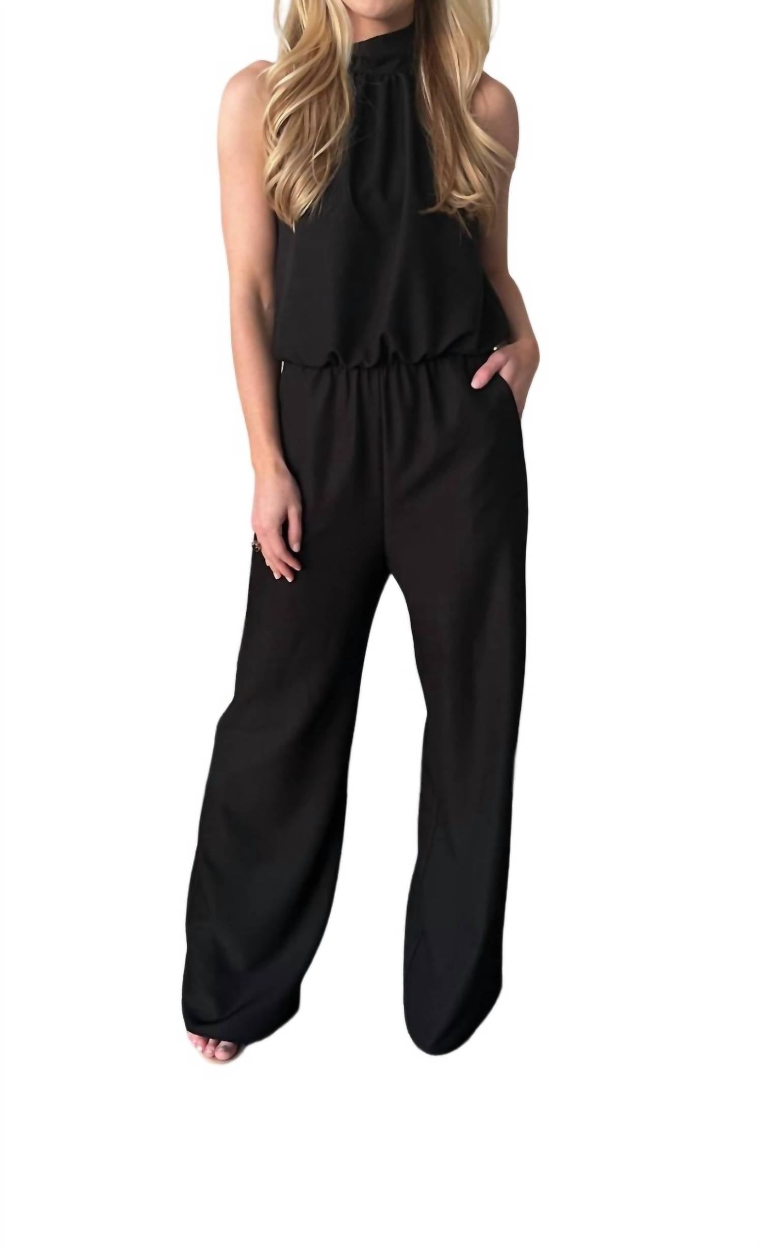 Carole's Collections Punch Tie Back Halter Jumpsuit In Black