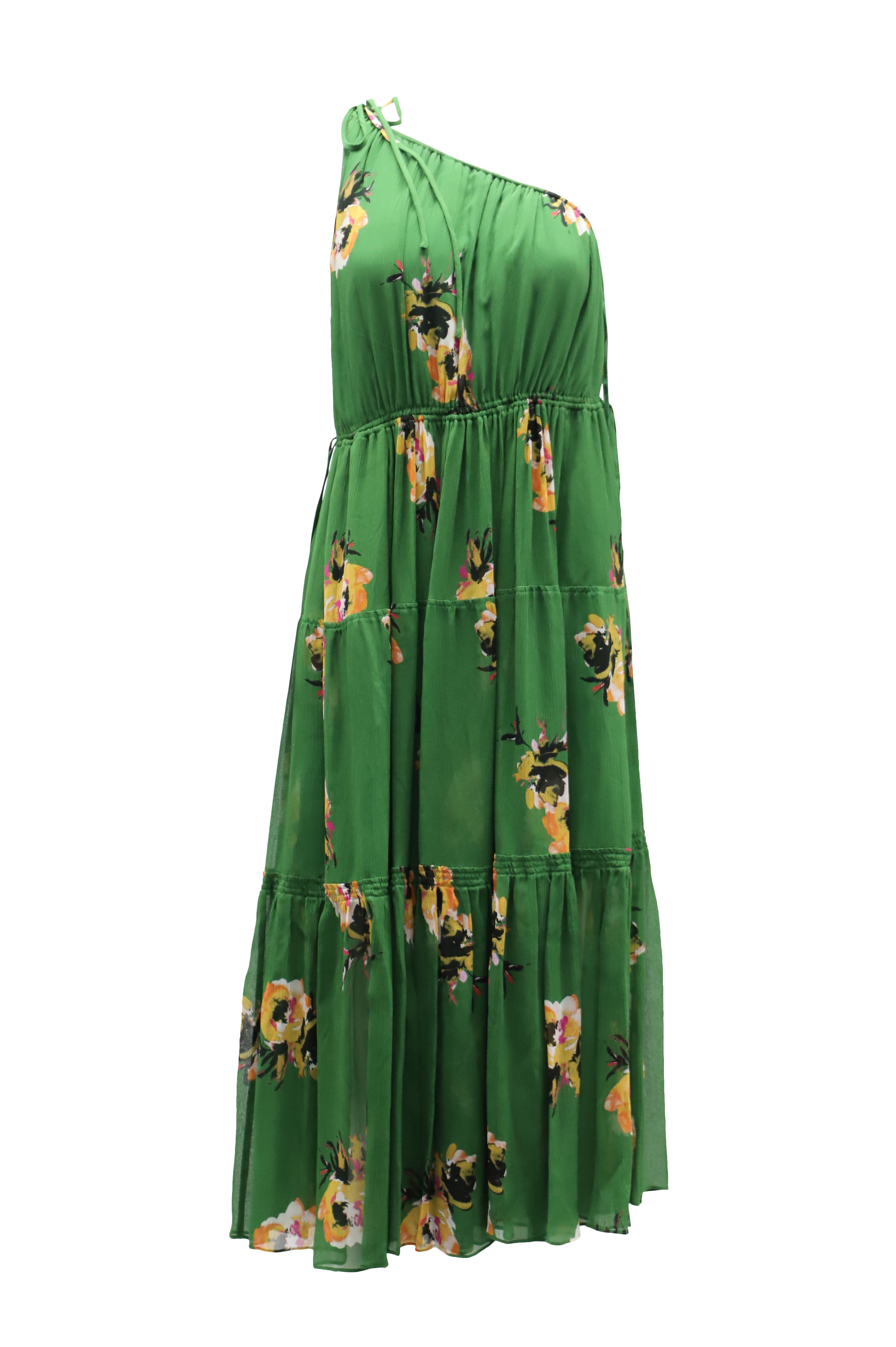 image of A.L.C. Tenley Flroal One Shoulder Dress in Green Silk