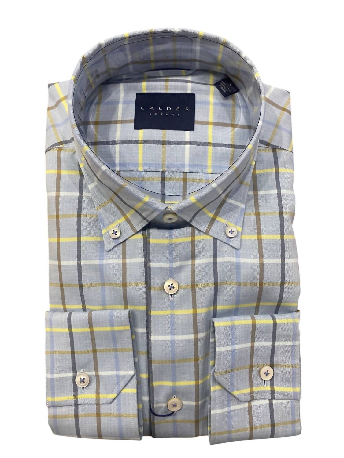 Calder Carmel Men's Luxury Melange Peached Twill Herringbone Shirt In Sage In Gray