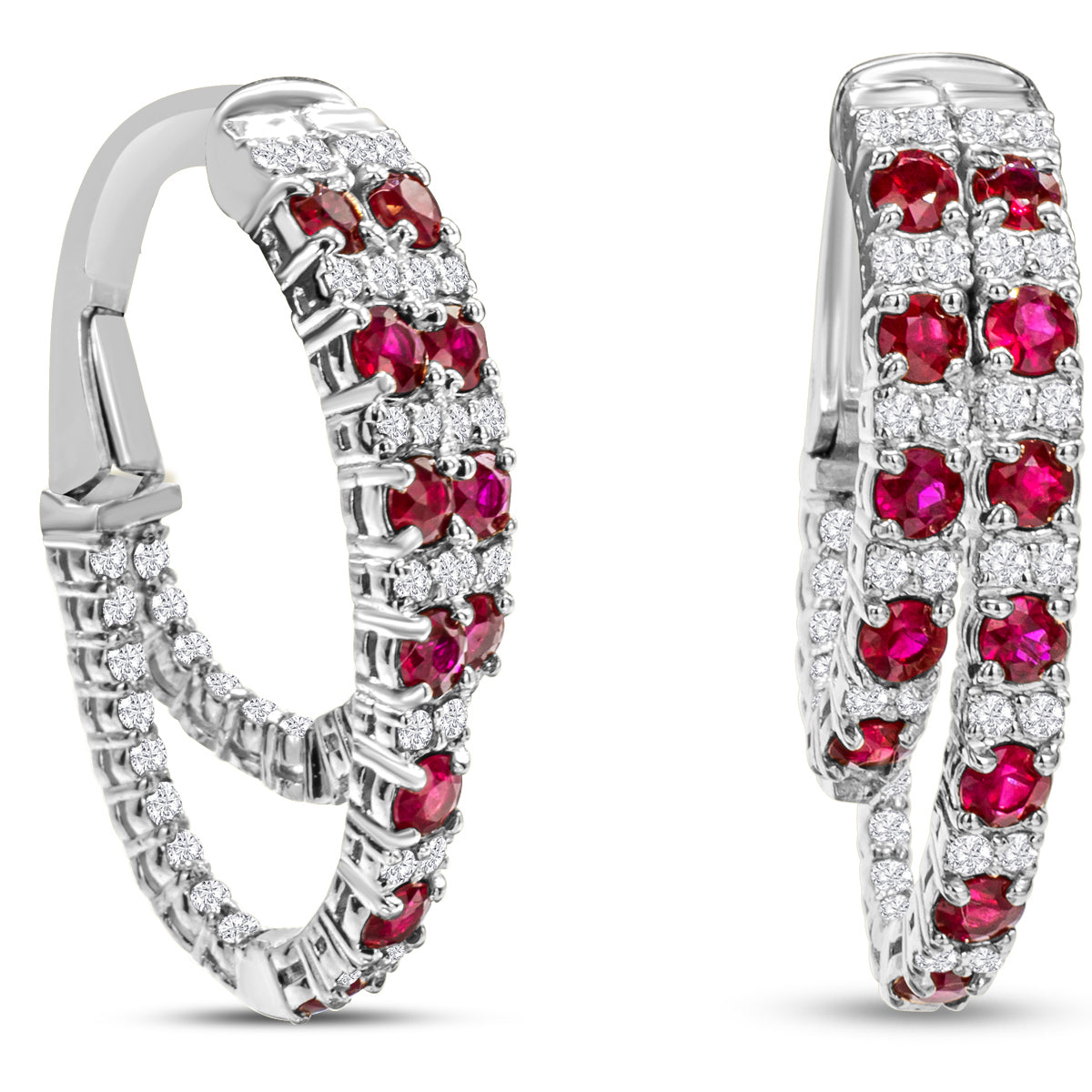 Sselects 2 1/2 Carat Ruby And Diamond Hoop Earrings In 14 Karat White I-j, I1-i2 In Gold