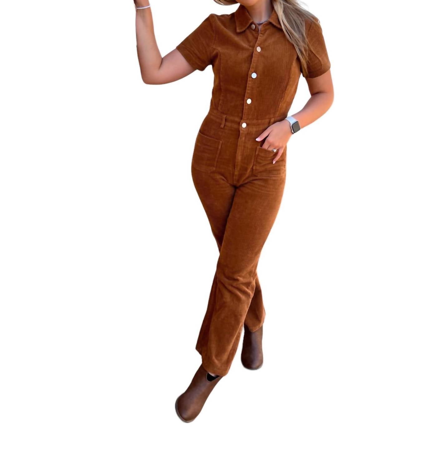Shop Day + Moon Tristyn Corduroy Button Down Jumpsuit In Brown