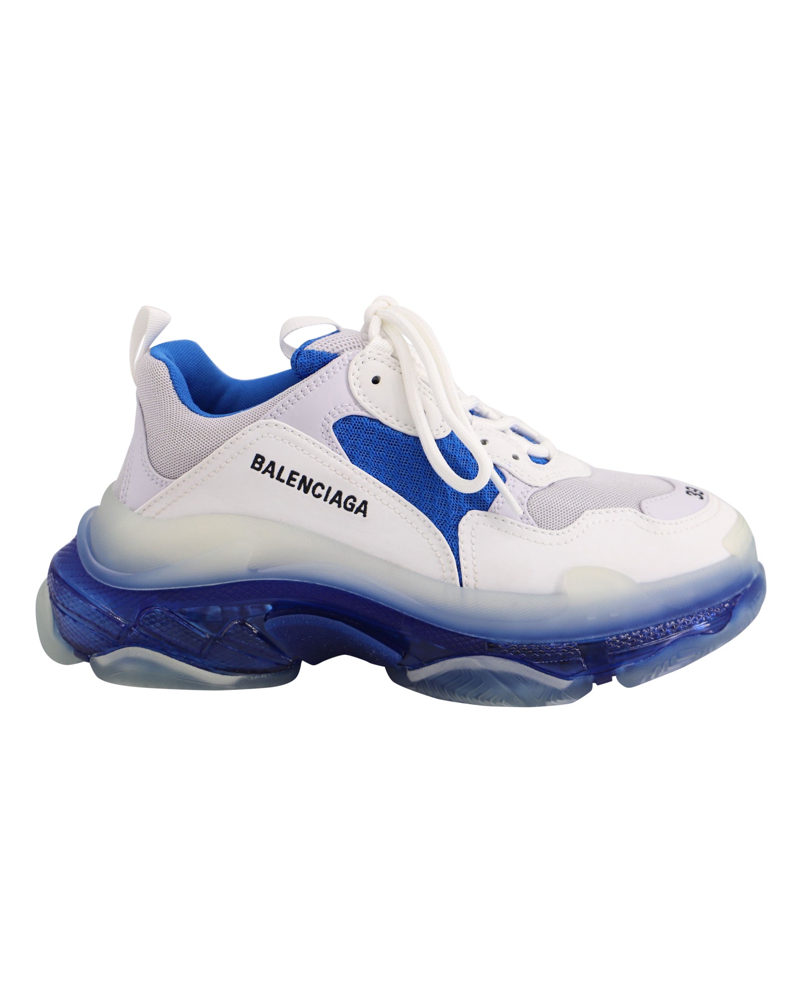 image of Balenciaga Triple S Clear Sole Sneakers in White Blue Nylon