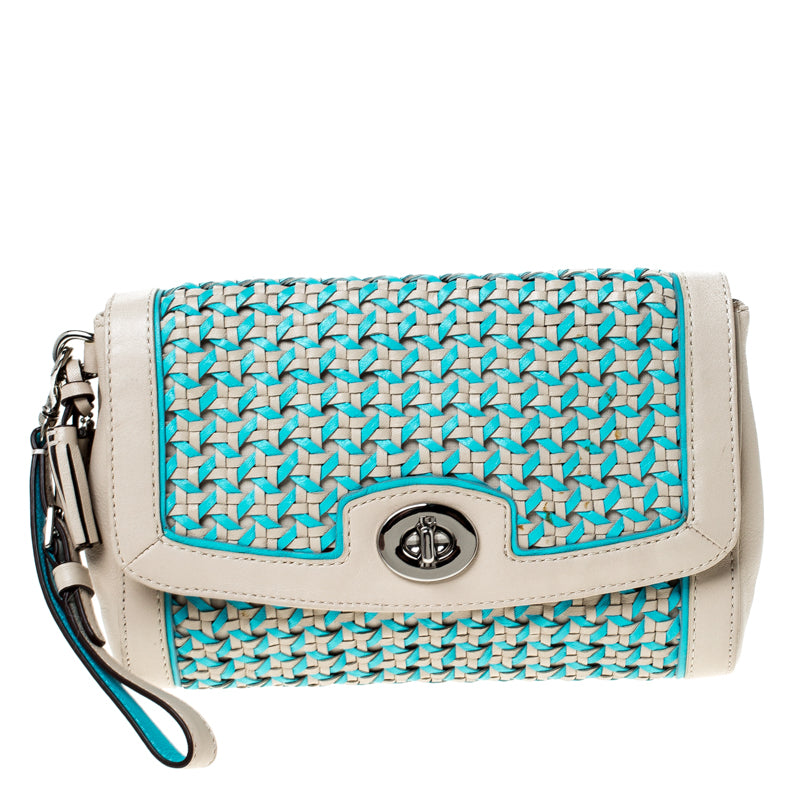 Coach /blue Caning Leather Flap Wristlet Clutch In Beige