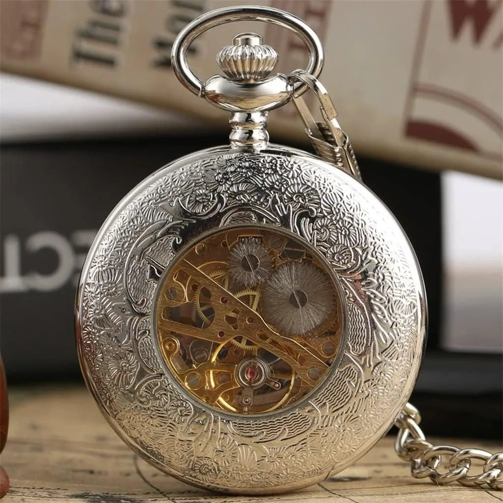Mechanical Skeleton Half Hunter Antique Brass Vintage Pocket Watch With Chain