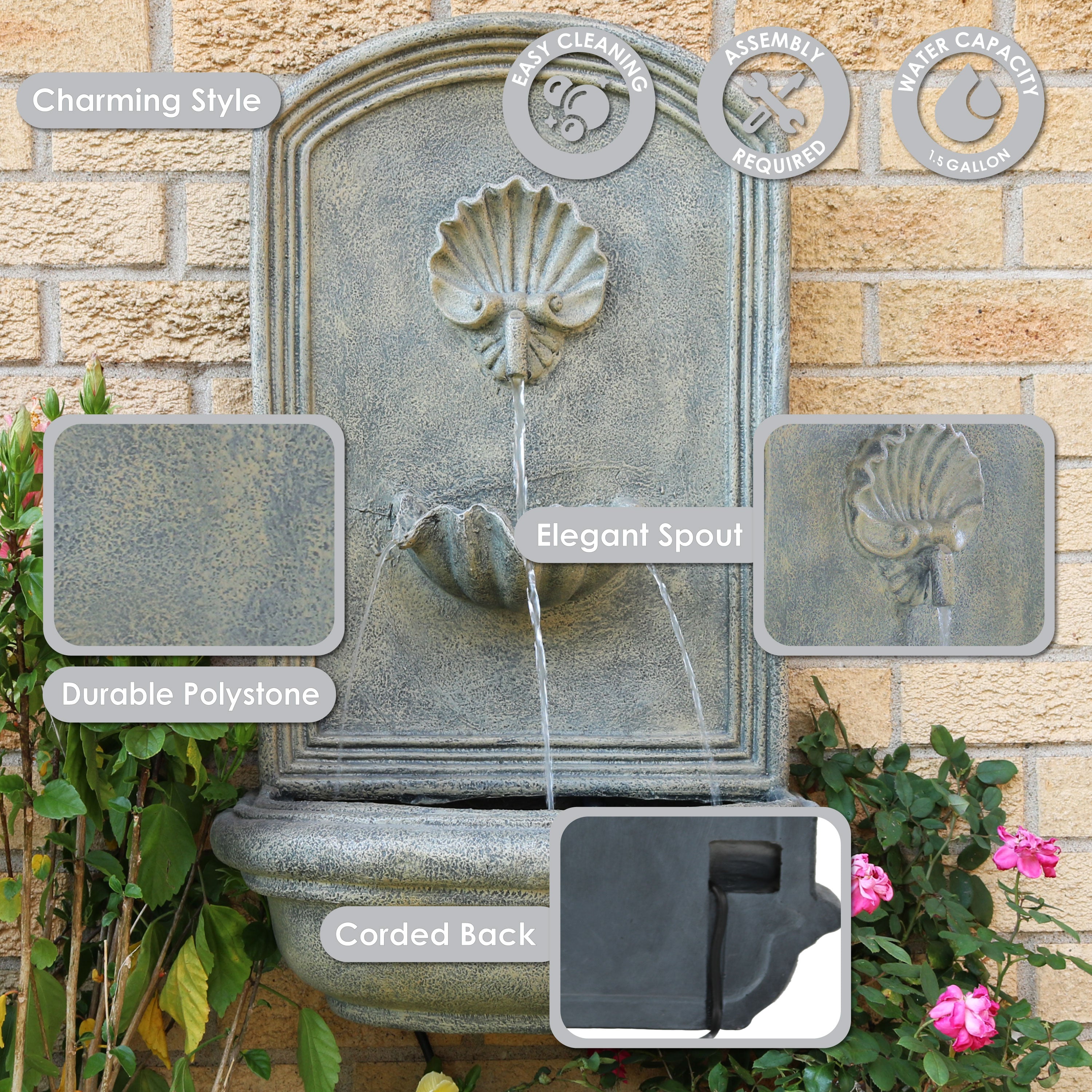 Sunnydaze 27"H Electric Polystone Seaside Outdoor Wall-Mount Water Fountain
