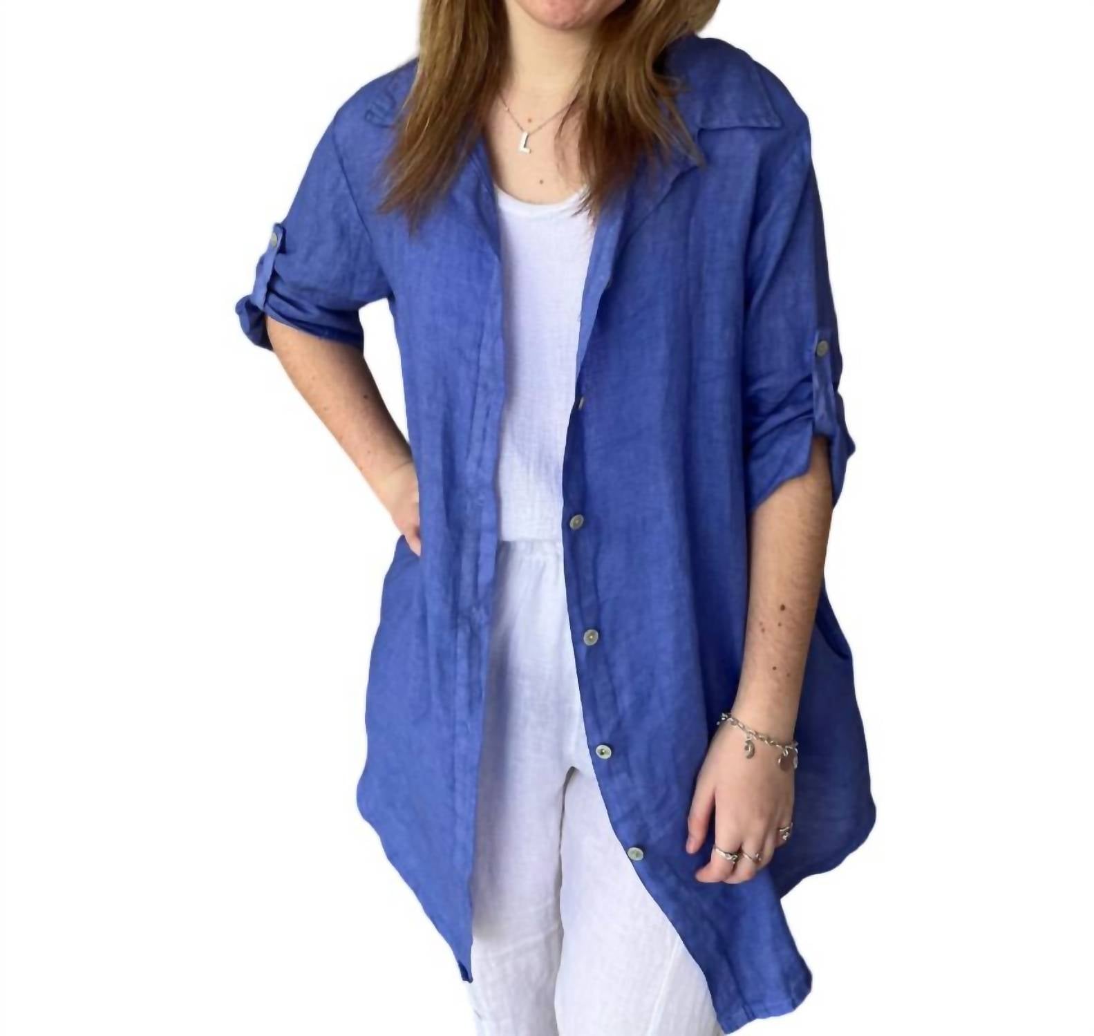 Tempo Paris Oversized Linen Button Front Shirt In Ink In Blue