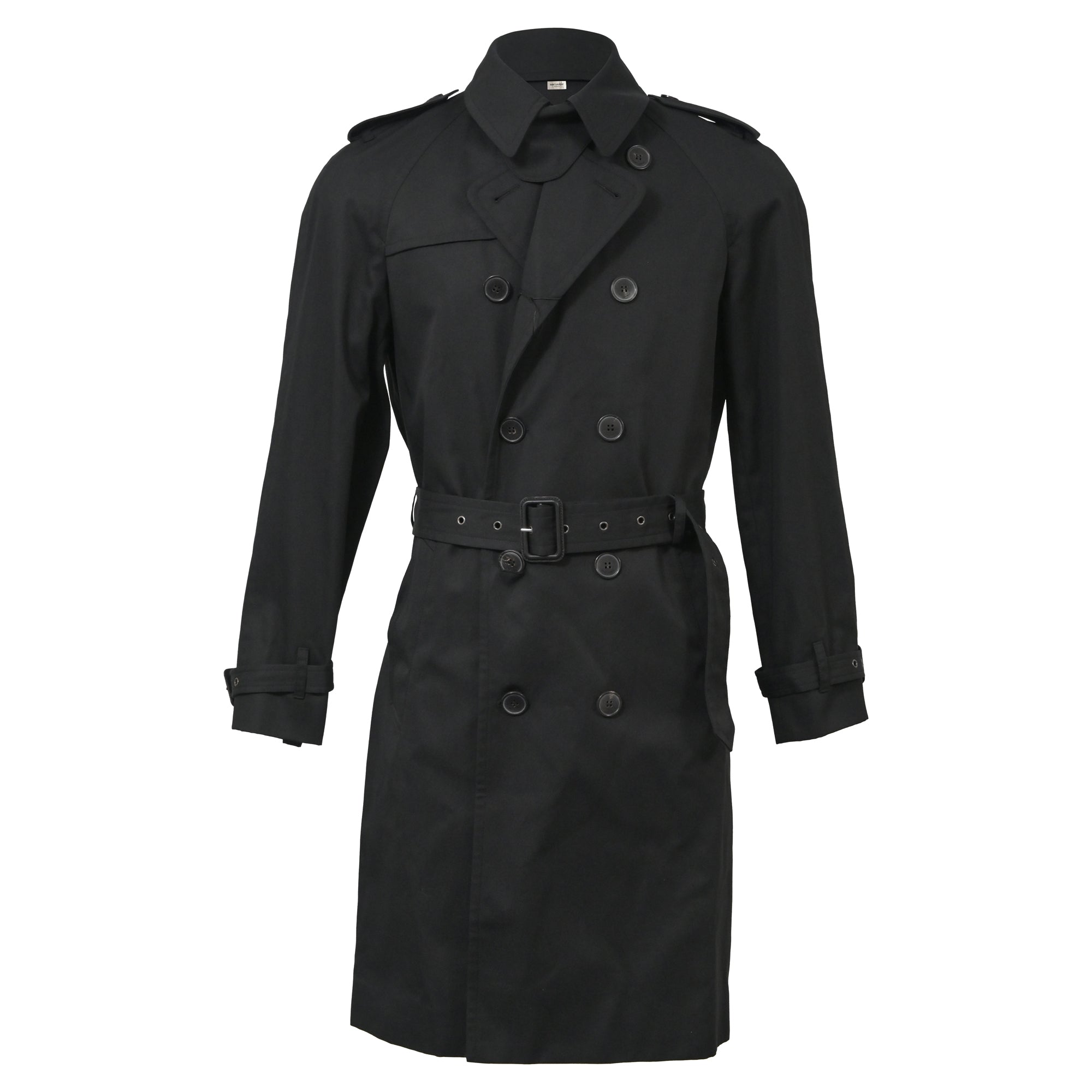 image of Saint Laurent Classic Double-Breasted Trench Coat in Black Cotton