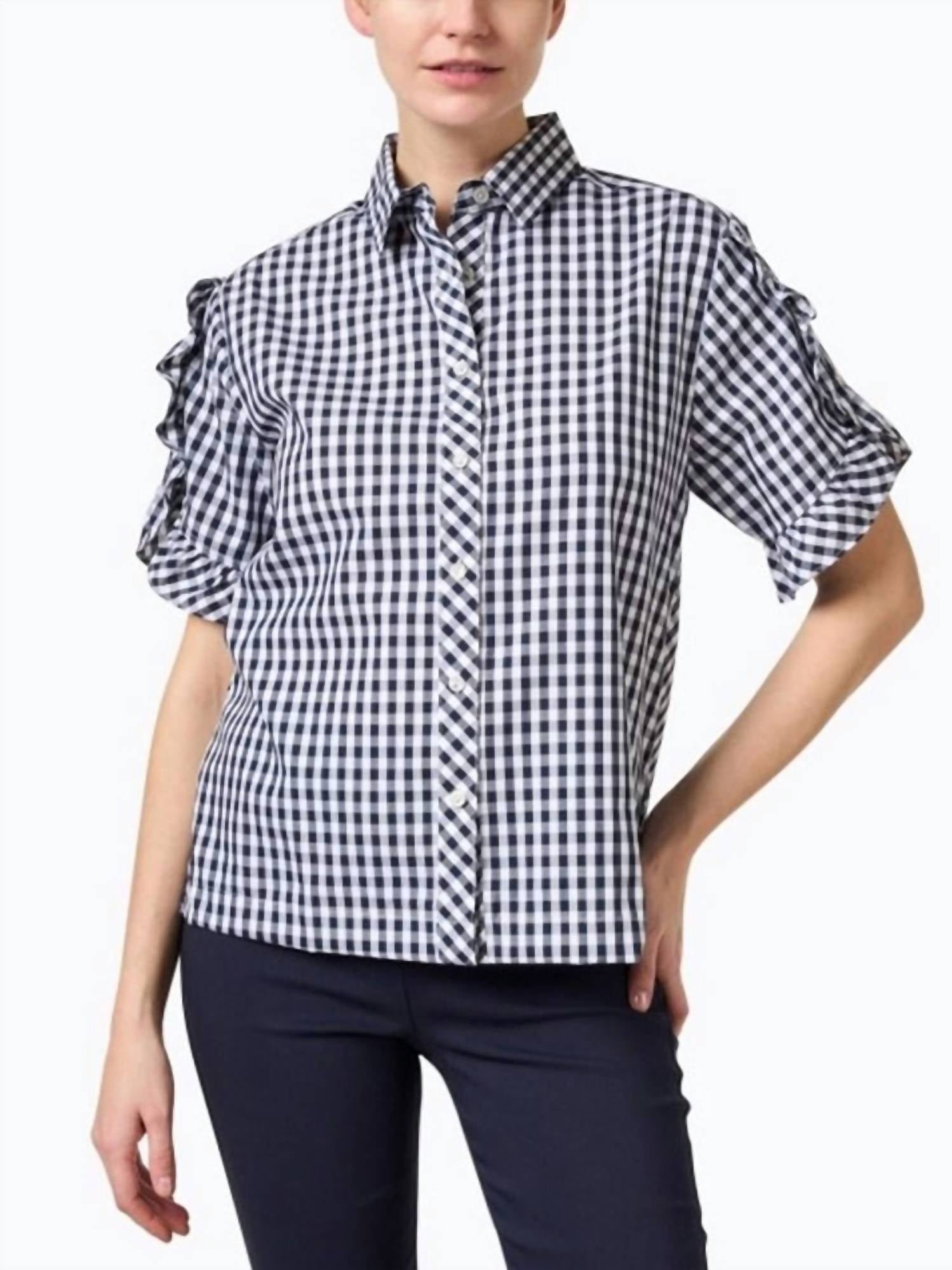 Shop Hinson Wu Lulu Short Sleeve Classic Mini Gingham Shirt In Navy/white In Blue