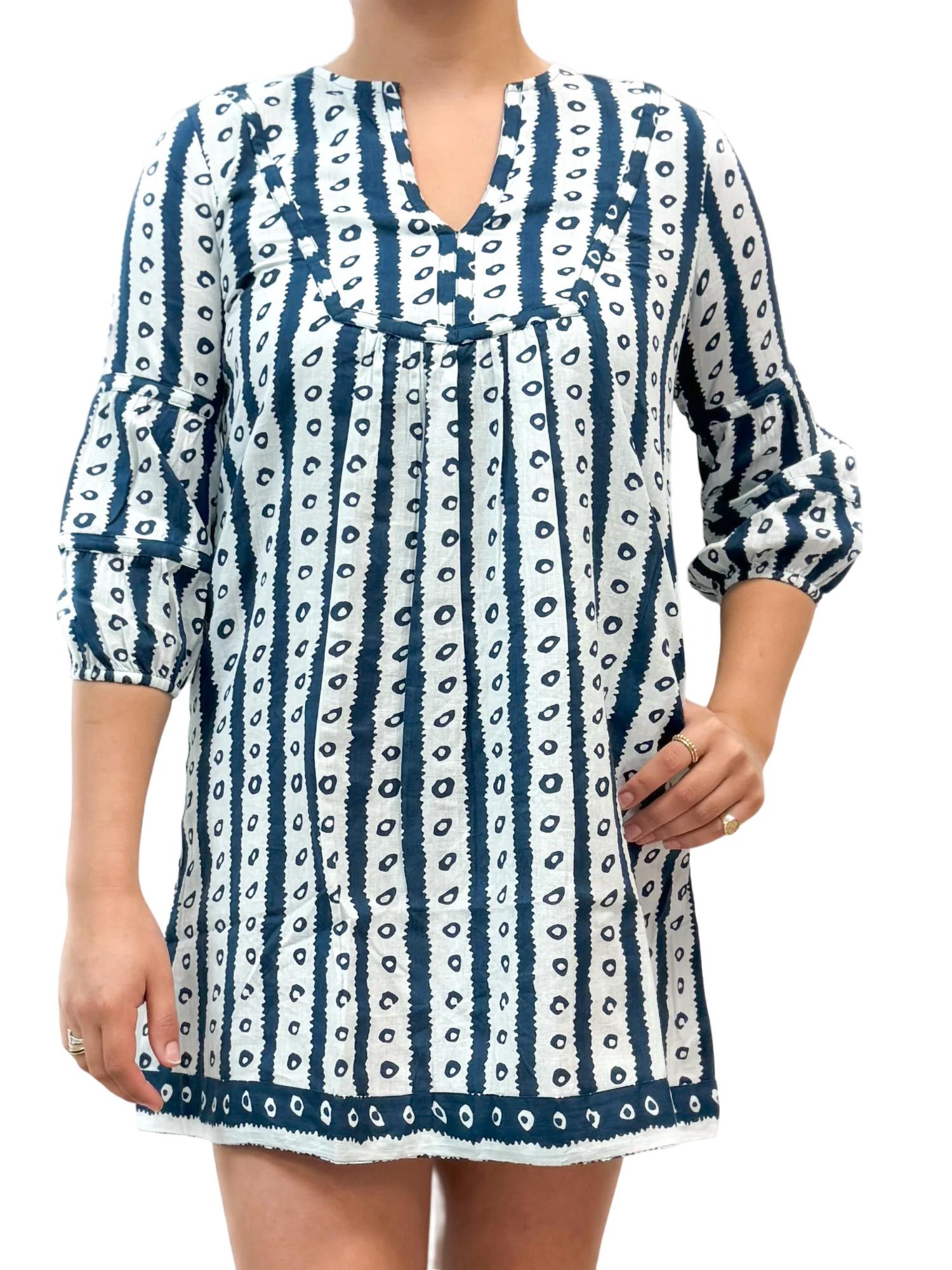 La Plage Jordan Batik Stripes Tunic Dress In Navy/white In Blue