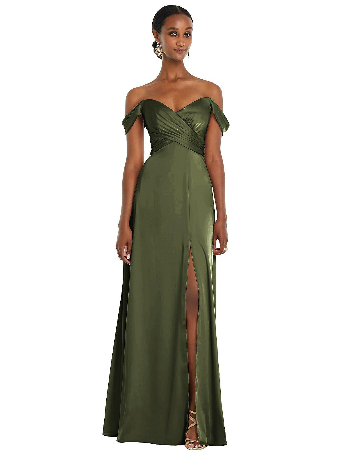 Shop Dessy Collection Off-the-shoulder Flounce Sleeve Empire Waist Gown With Front Slit In Green