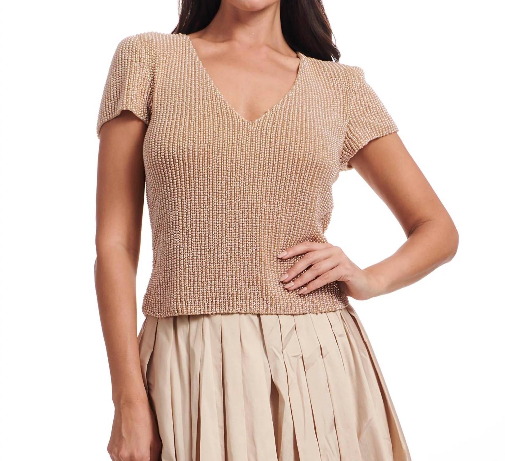 Emily Shalant Beaded V Neck Top In Champagne In Neutral
