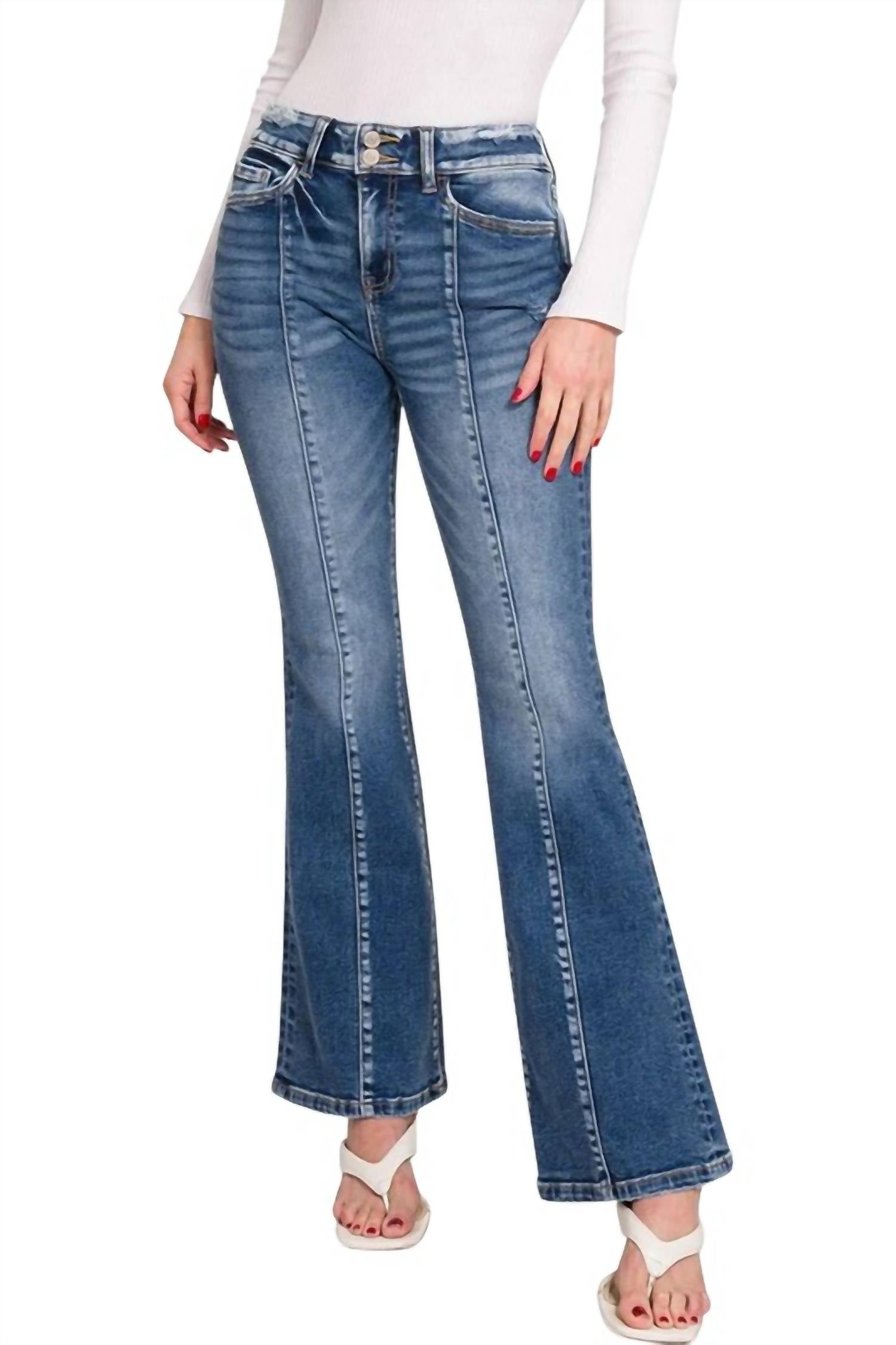 Zenana Fabulous Front Seam Stretch Bootcut Jeans In Dark Wash In Blue