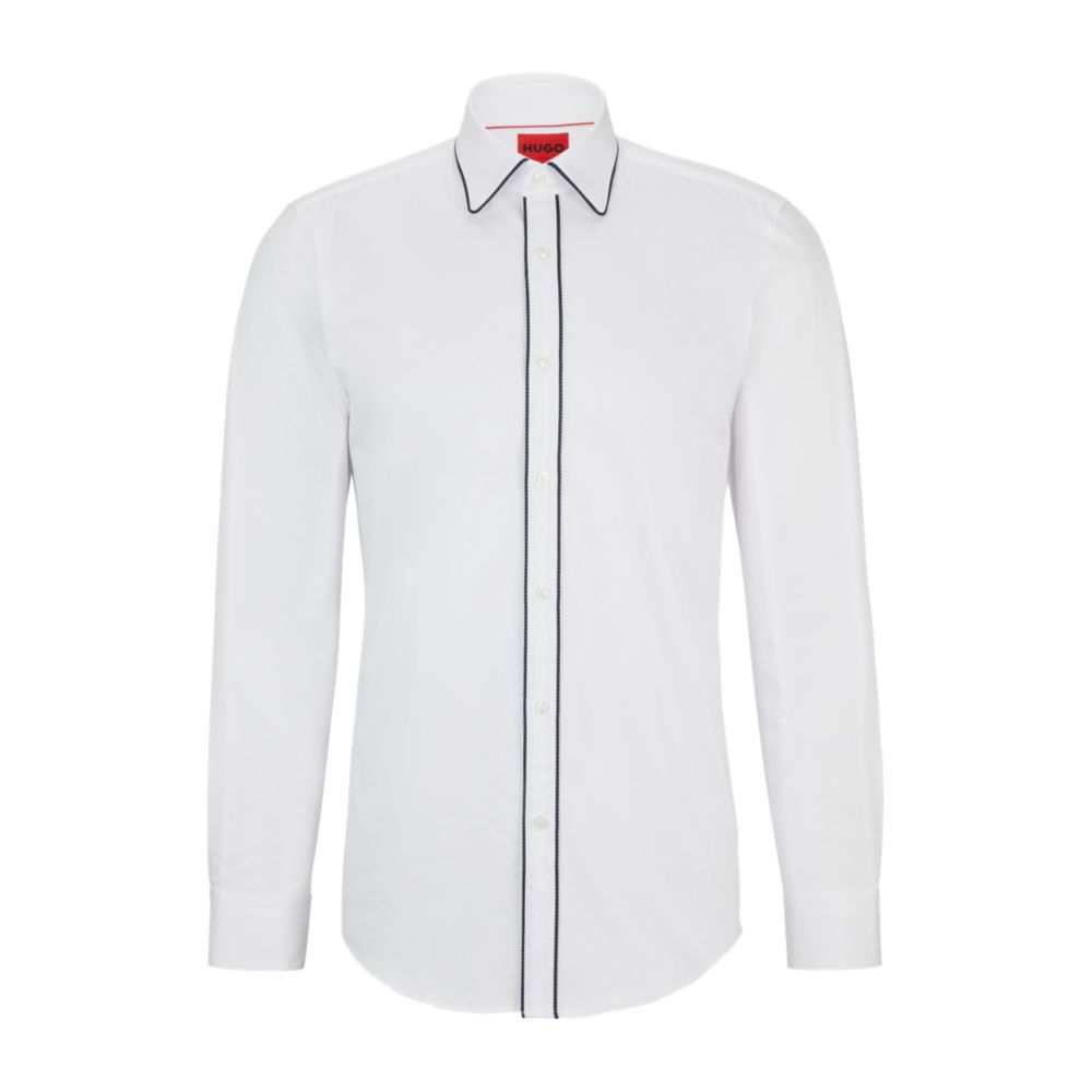 Hugo Slim-fit Shirt In Stretch-cotton Satin With Piping In White