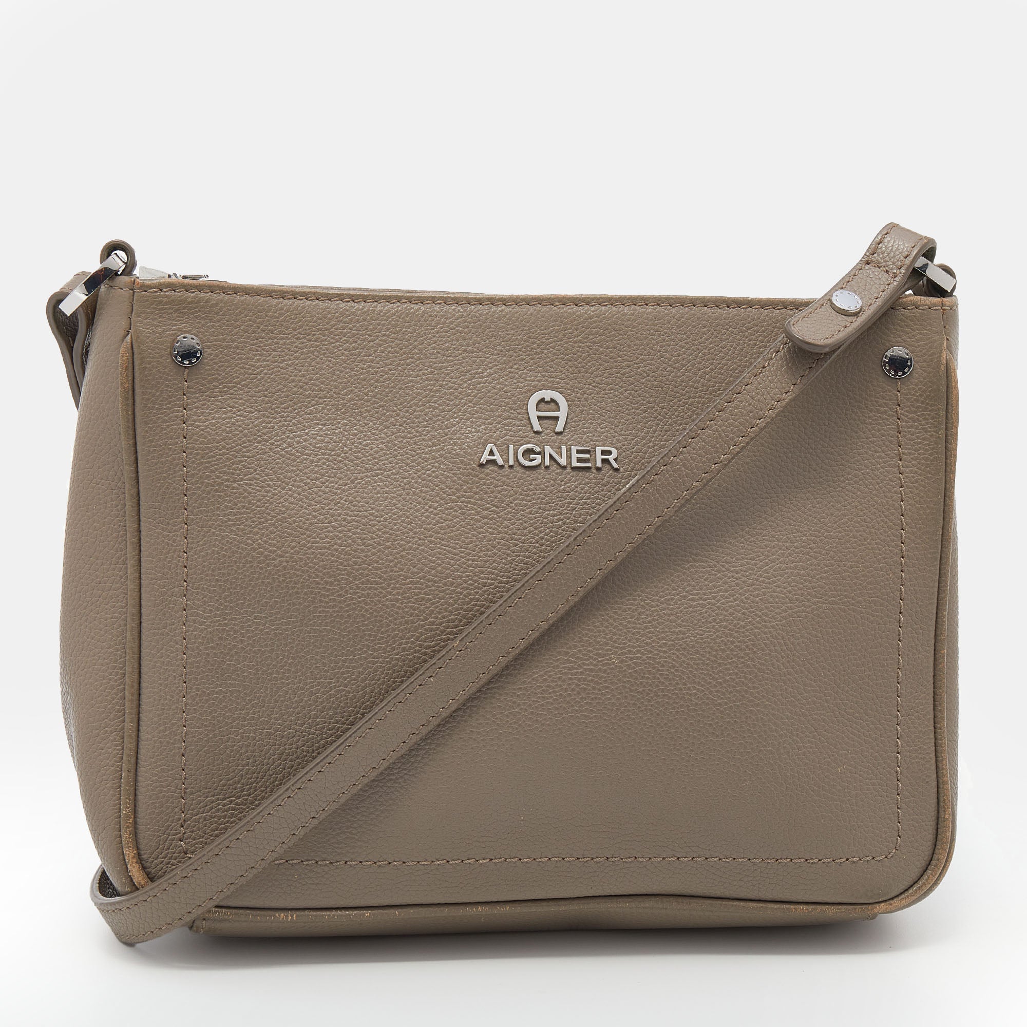 Aigner Taupe Leather Crossbody Bag In Grey