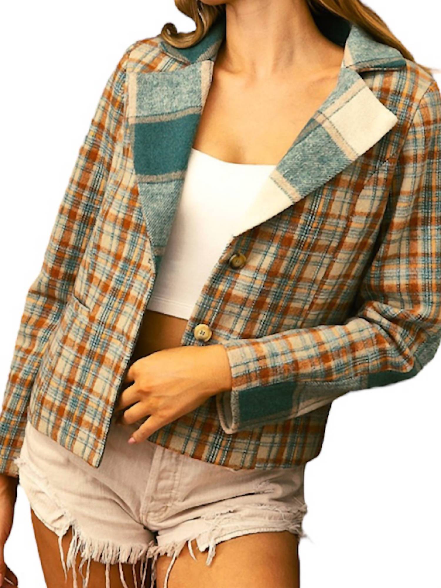 Shop Bibi Vintage Plaid Jacket In Sage Multi In Beige