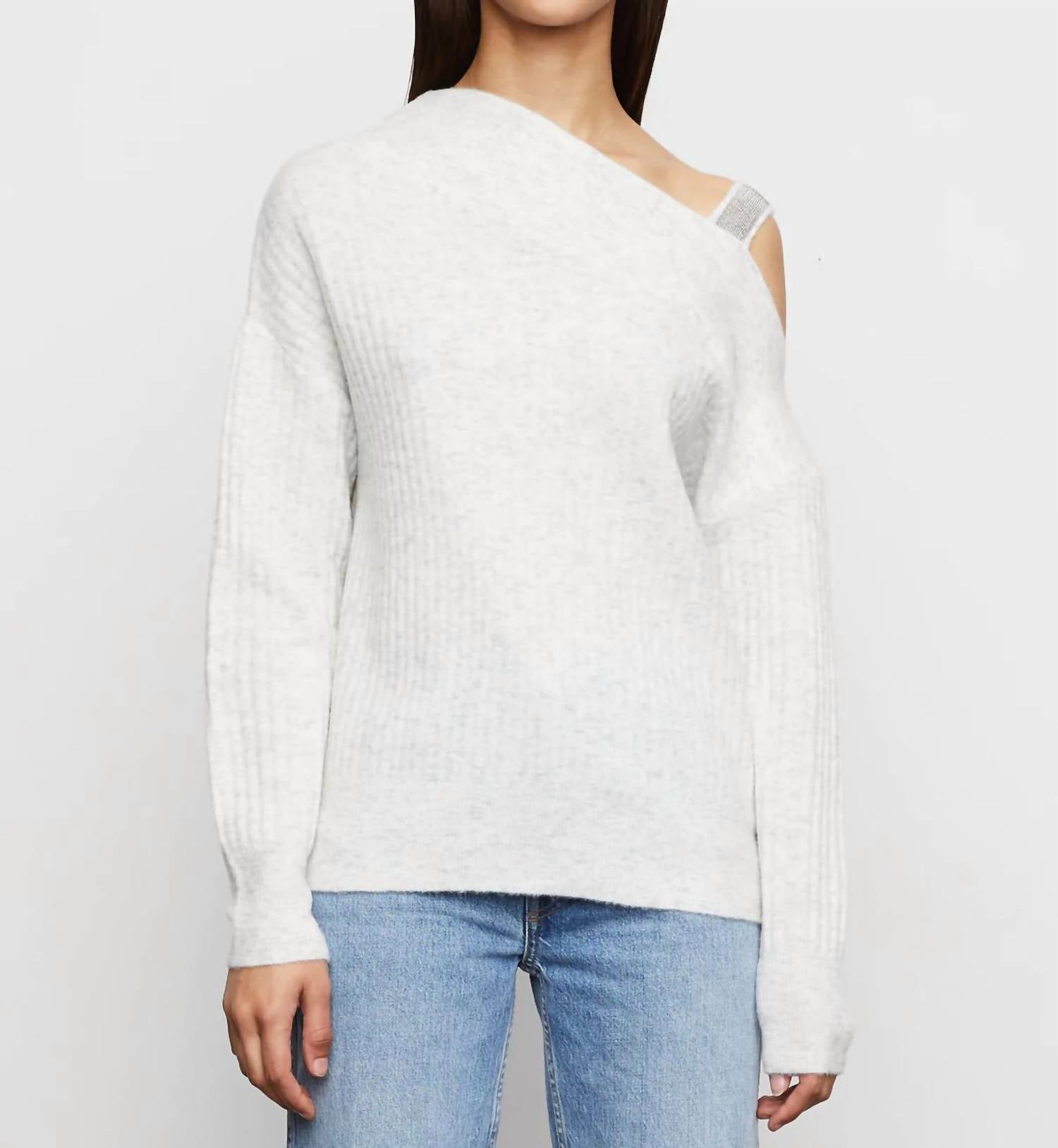 Shop Amanda Maria Kiara Ribbed Asymmetrical Sweater In Silver In White