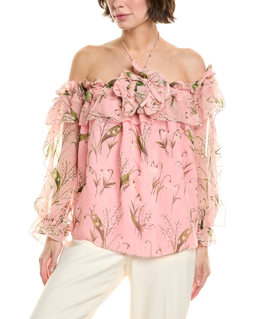 Carolina Herrera Rose Halter Ruffle Long-sleeve Silk Top In Pink