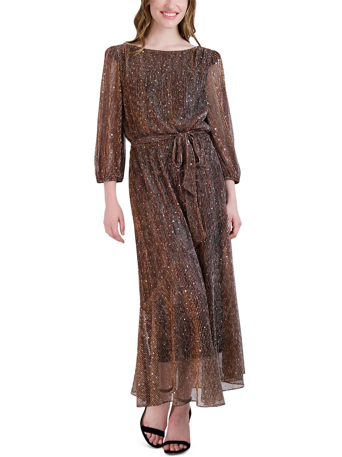 Donna Ricco Womens Sequined Polyester Fit & Flare Dress In Brown
