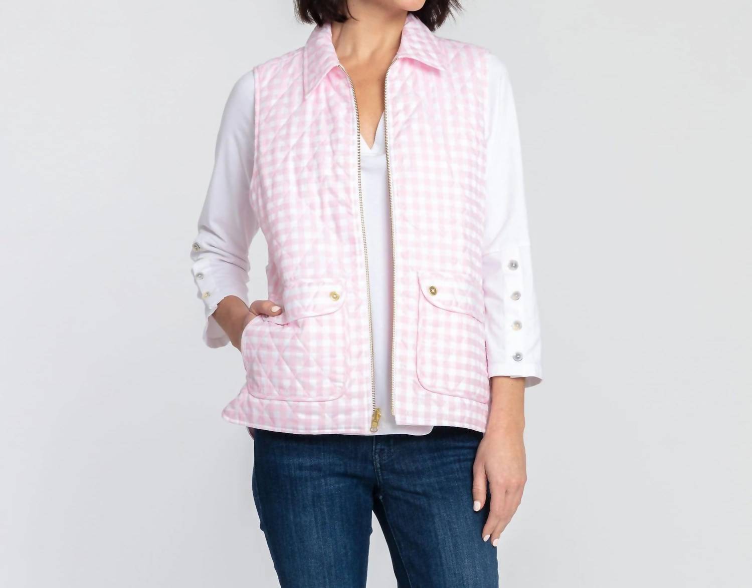 Shop Hinson Wu Lauren Reversible Gingham Vest In Soft Pink/white
