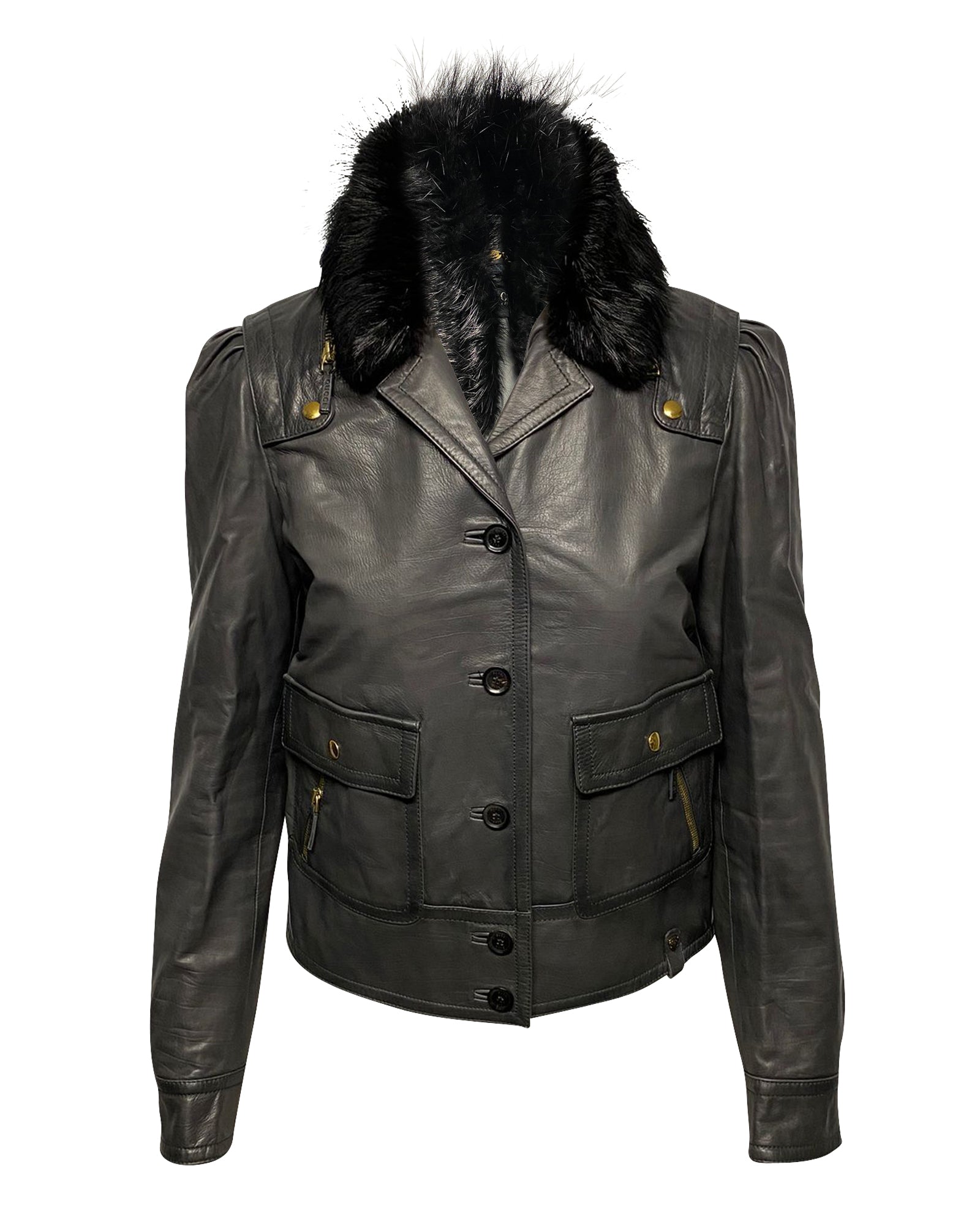 image of Gucci Jacket with Fur Collar Detail in Black Leather