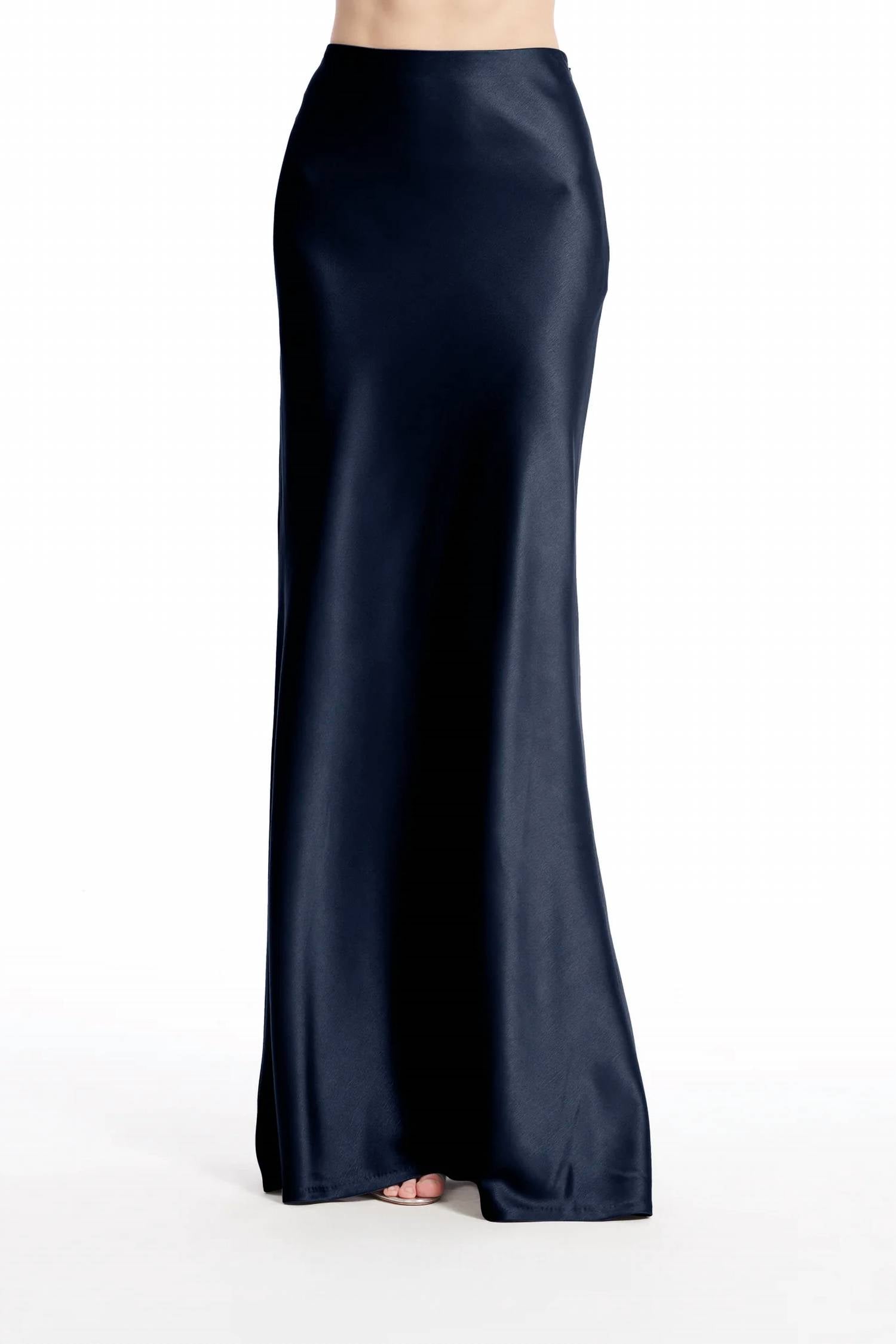 Emily Shalant Bias Long Satin Aline Skirt In Navy In Blue