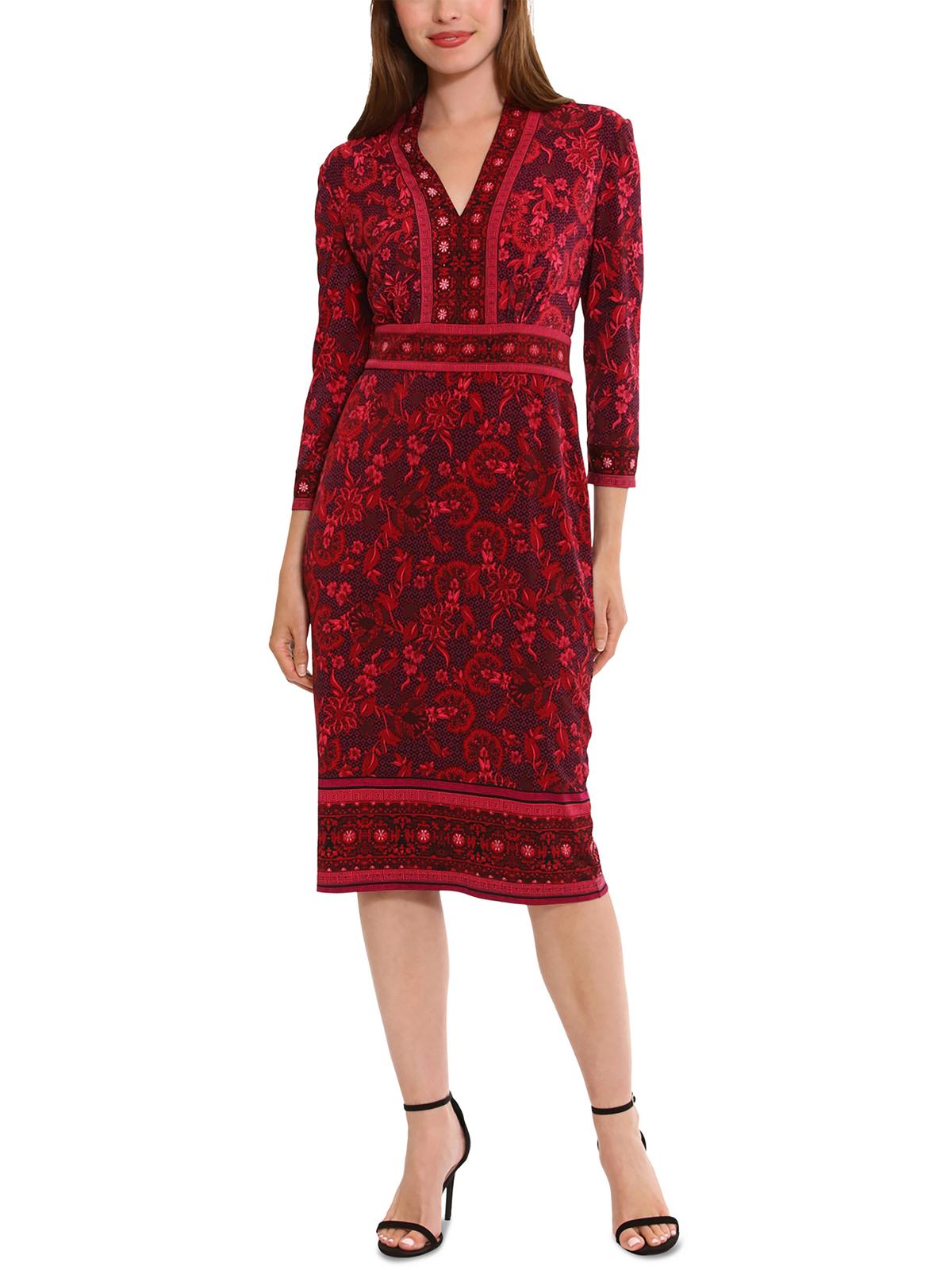 London Times Womens Printed Polyester Sheath Dress In Burgundy