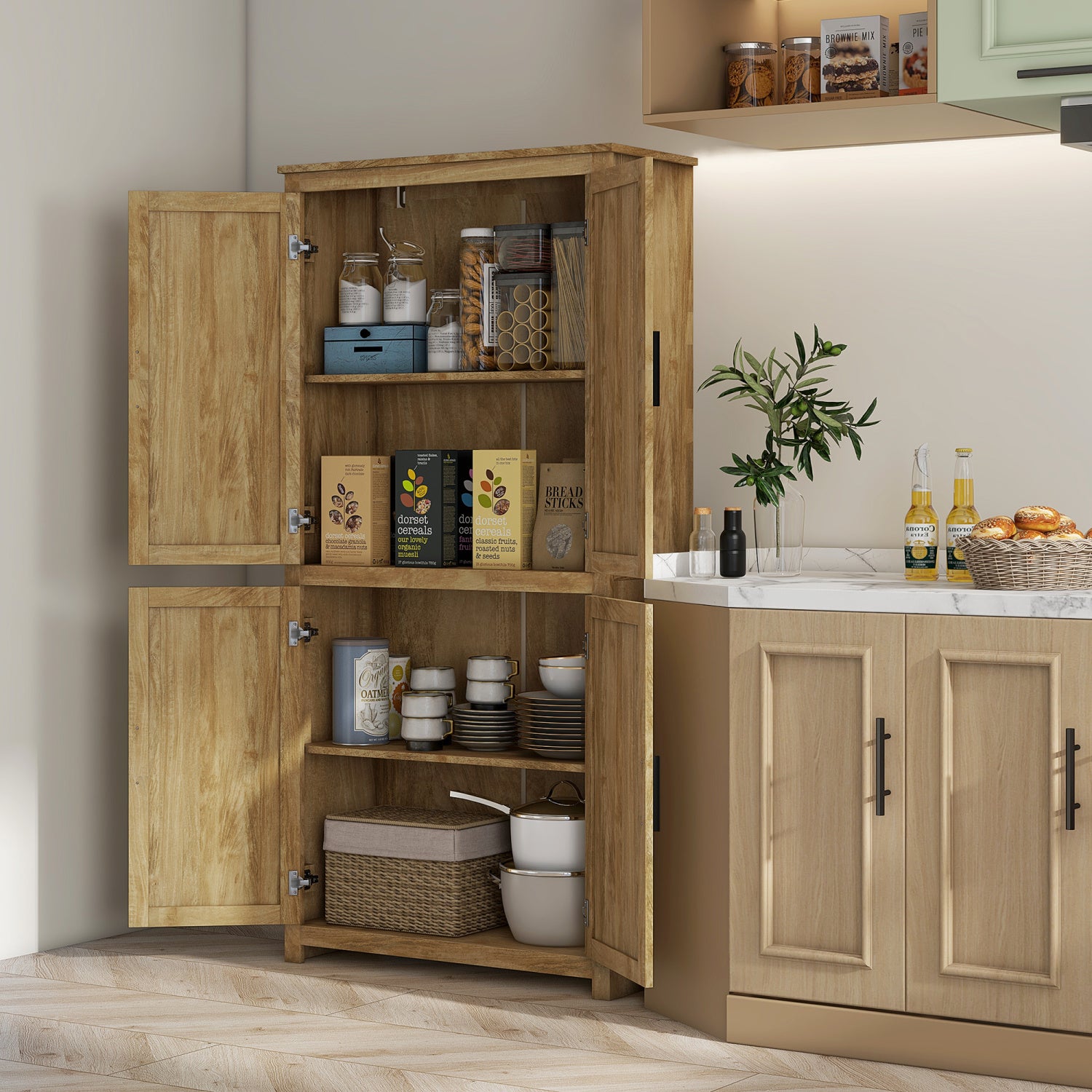 Streamdale 64" Rattan Kitchen Storage Cabinet with Adjustable Shelf, Natural