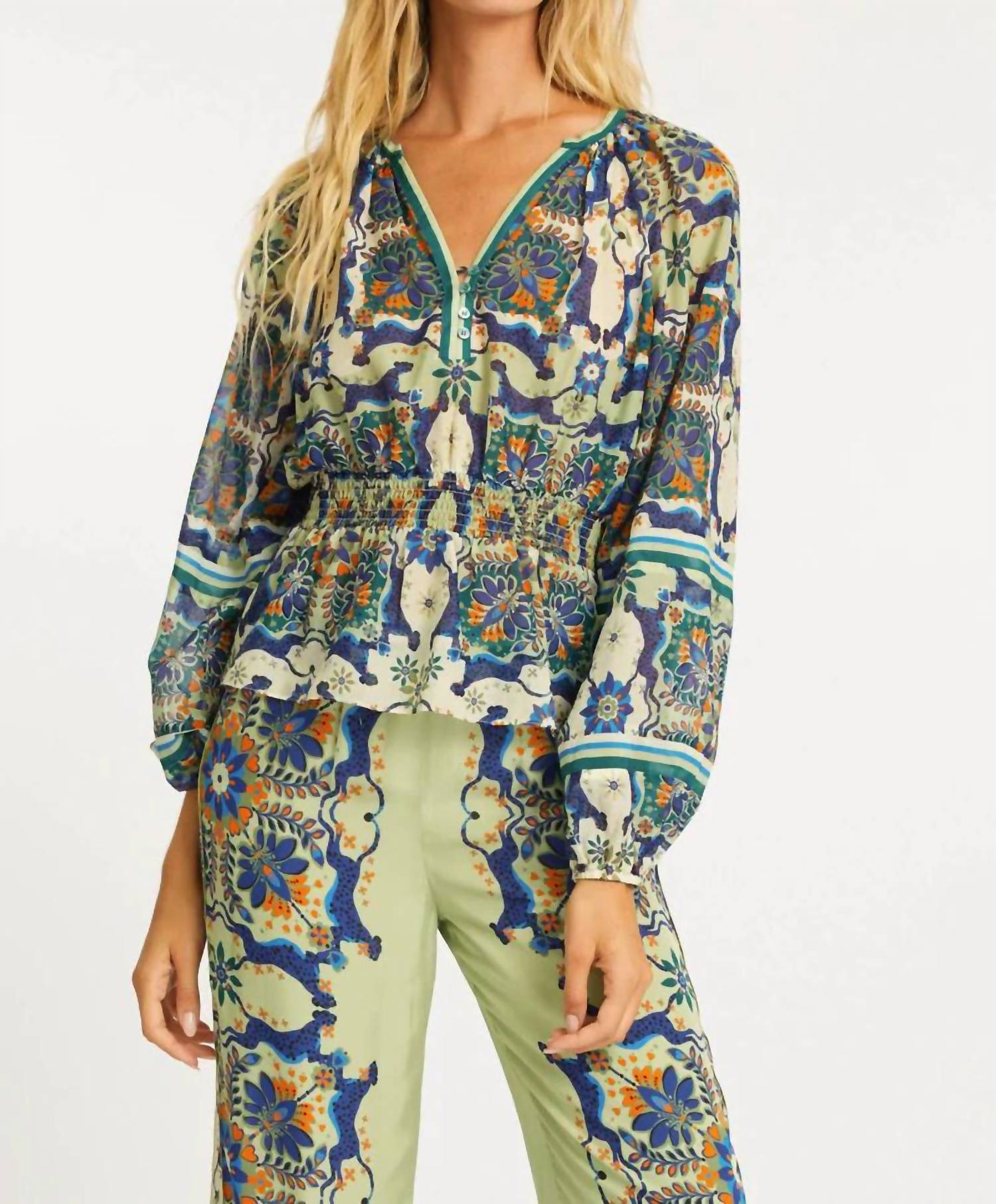 Caballero Tarot Top In Wildcat Tapestry In Green