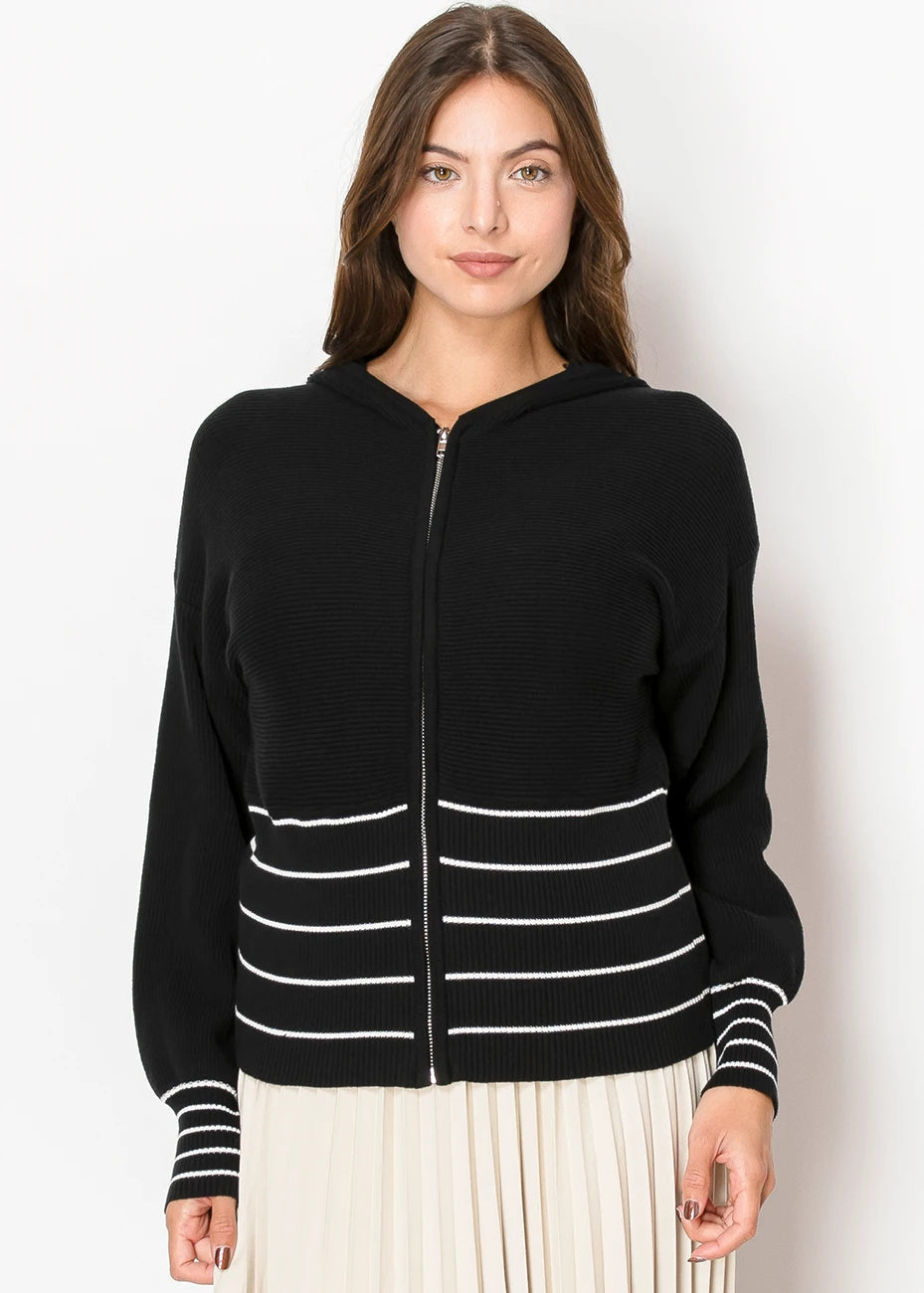 Yal New York Black Knit Hoodie With Contrast Stripes In Black