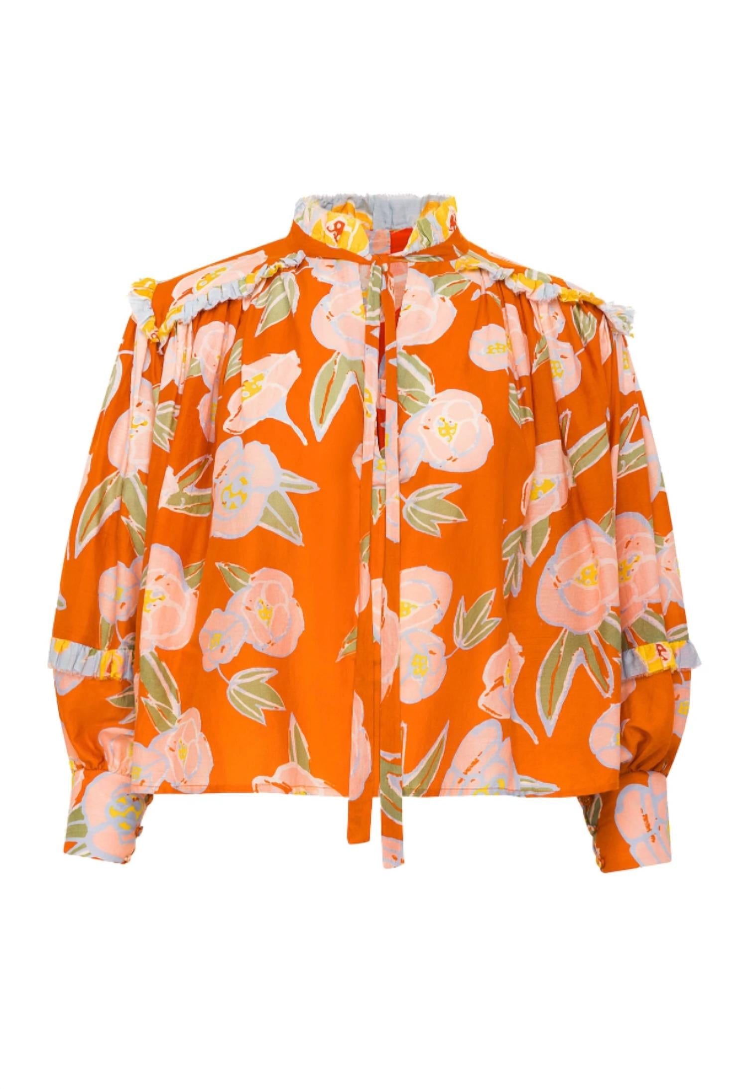 Carolina K Fiore Blouse In Red Peonies In Orange