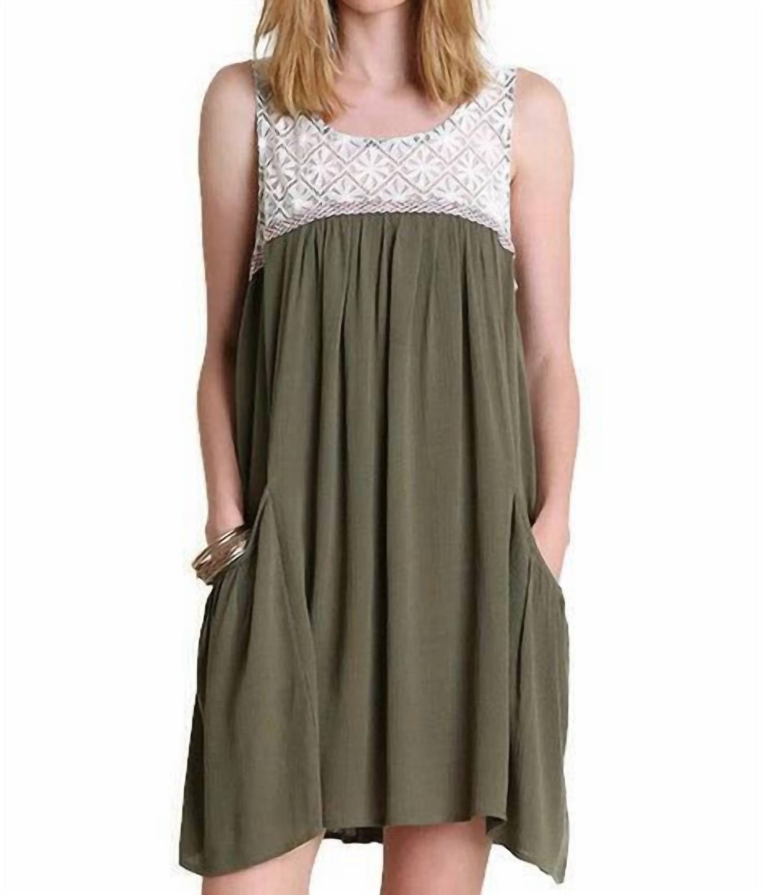 Umgee Sleeveless Dress With Lace Detail In Olive Green