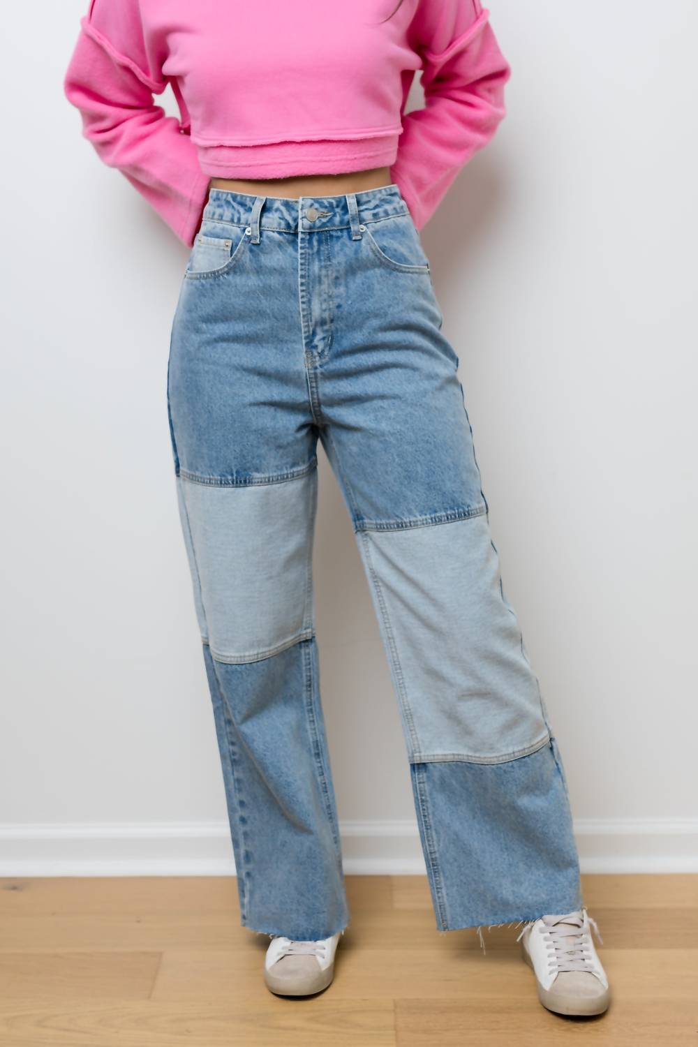 Shop Miou Muse Tommi Two Tone Straight Leg Jeans In Denim In Blue