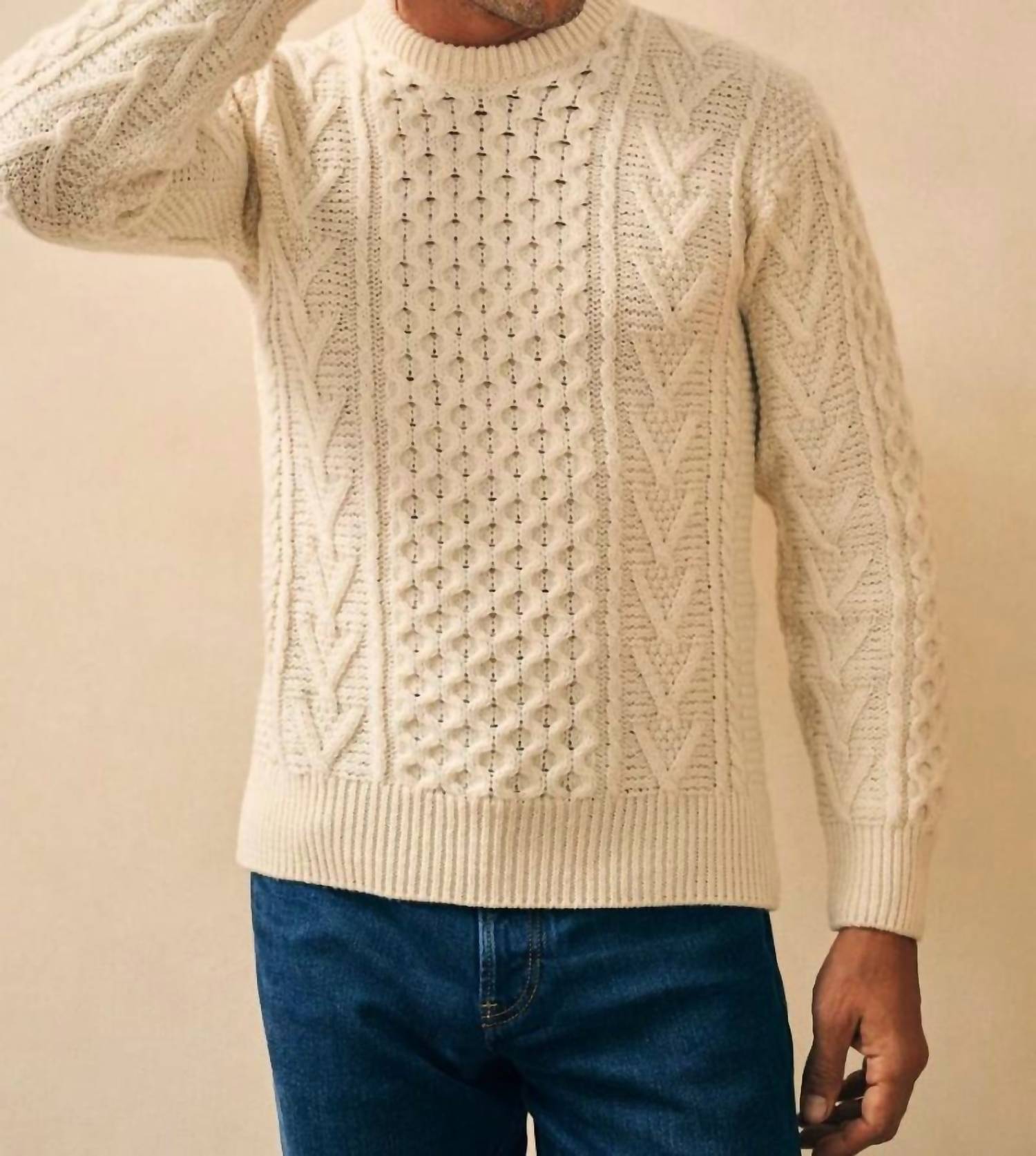 Shop Faherty Irish Cable Crewneck Sweater In Beige