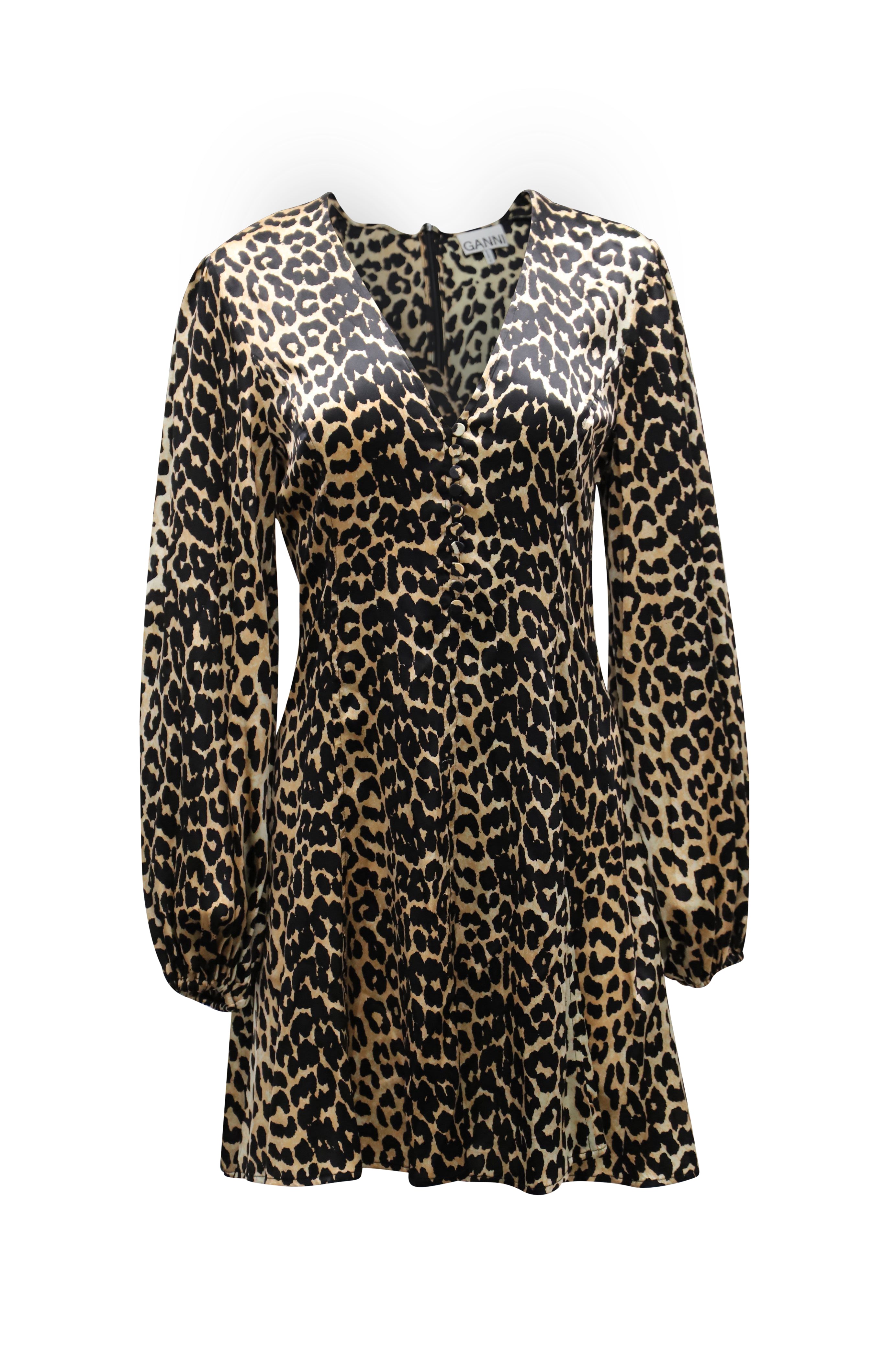 image of Ganni Blakely Leopard Print Mini Dress in Brown Silk Blend