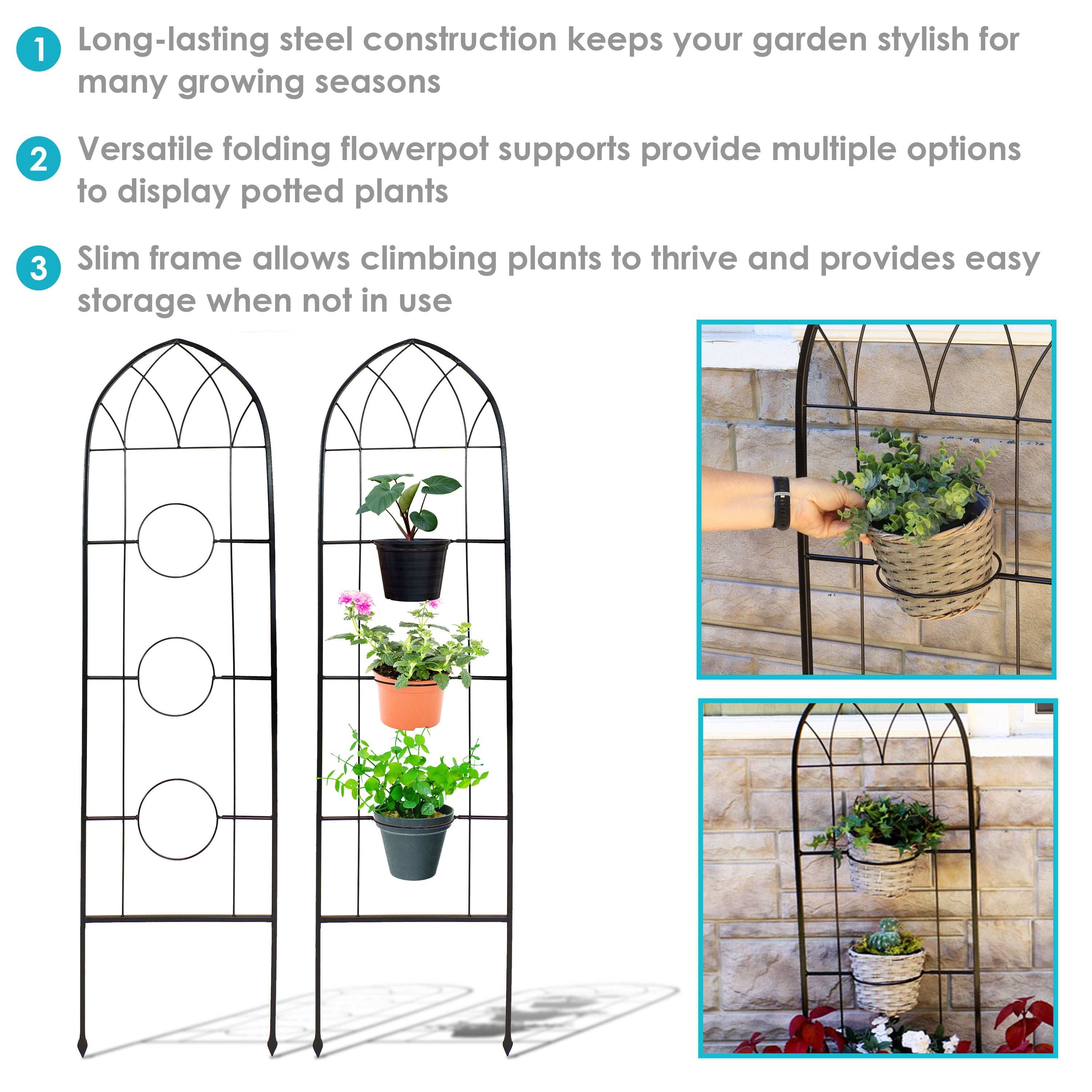 Sunnydaze Steel Wire Arched Climbing Plants Wall Trellis with Flowerpot Supports - 60" H - Black - 2-Pack