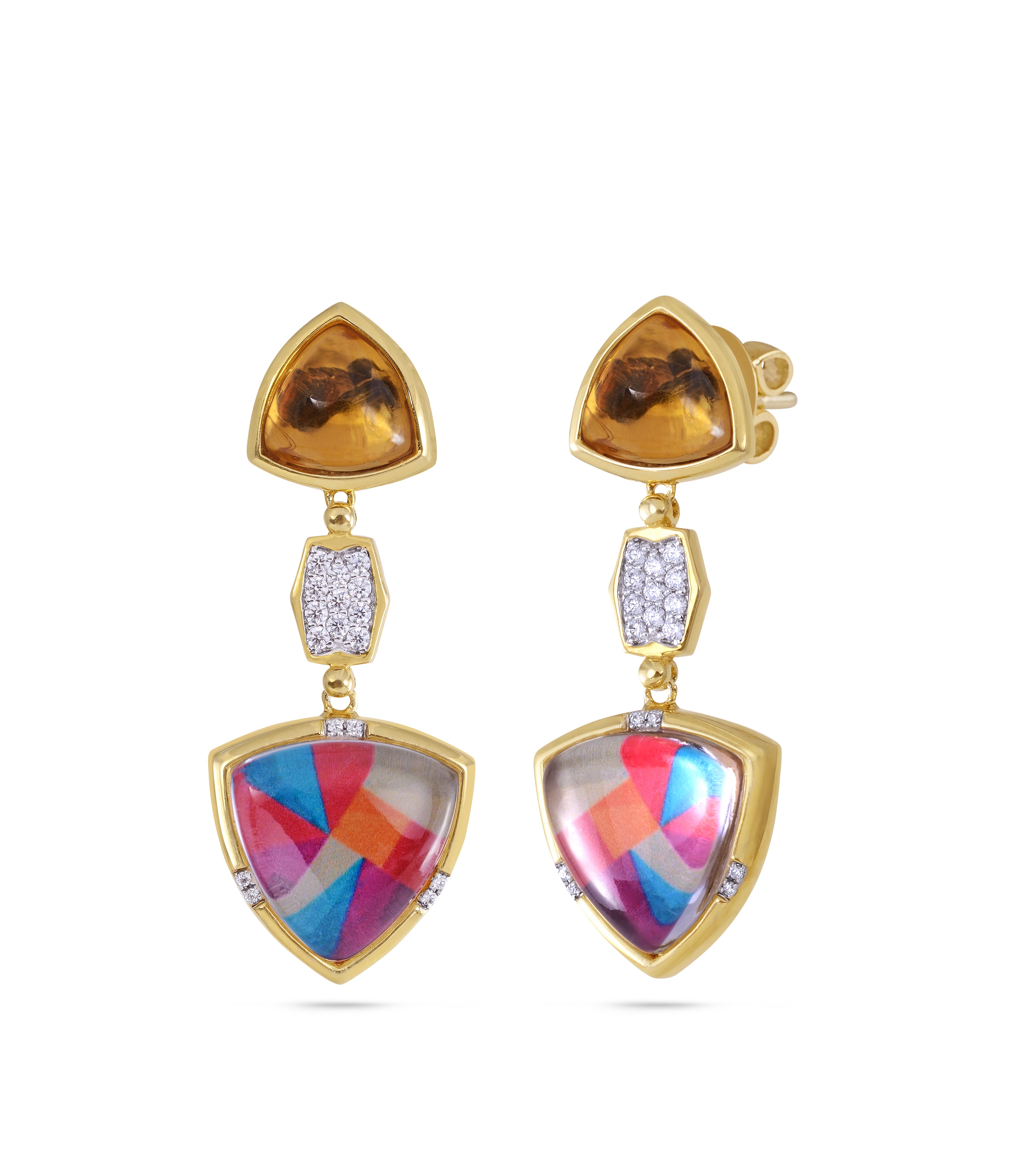 Colorful Canvas Design Citrine Gemstone Diamond Yellow Gold Plated Silver Earrings