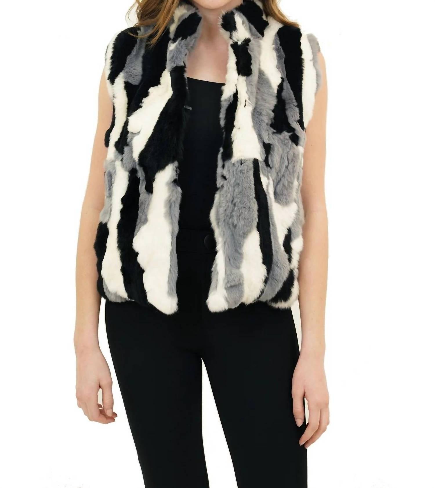 Shop Love Token Ellison Genuine Real Rabbit Fur Collared Vest In Black Combo In Grey