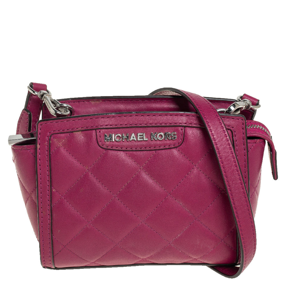 Michael Kors Fuchsia Quilted Leather Mini Selma Crossbody Bag In Pink