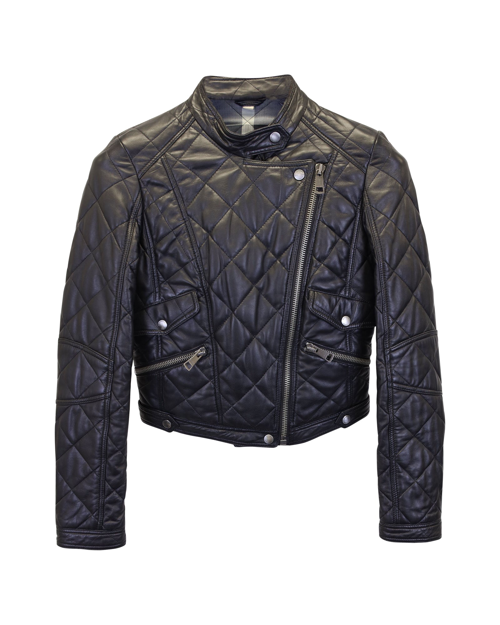 image of Burberry Quilted Biker Jacket in Black Leather