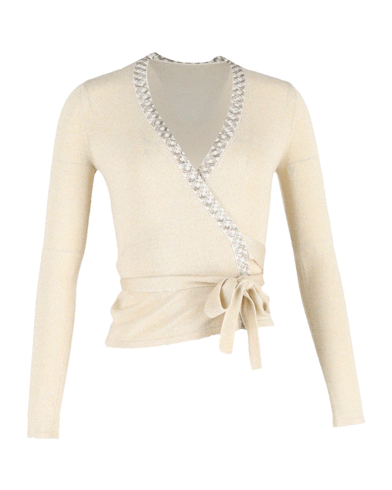 Image of Diane von Furstenberg Shimmer-Knit Ballerina Wrap Cardigan in Gold Rayon