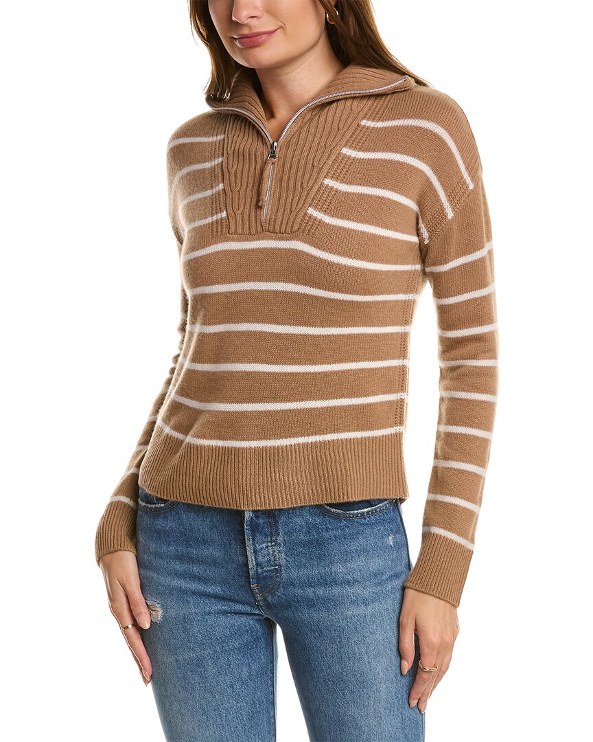Qi Cashmere Striped Zip Mock Neck Cashmere Sweater In Brown