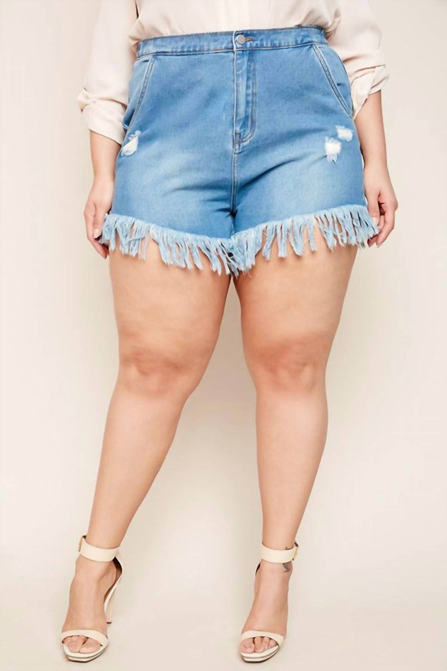 Hayden La Fringe Hemmed Denim Shorts - Plus In Medium Wash In Multi