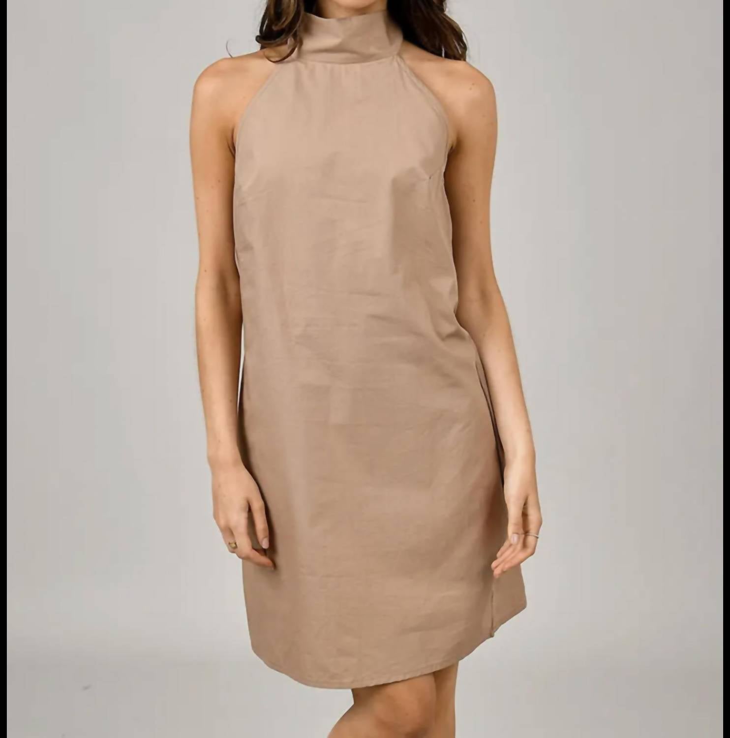 Shop Rd Style Mel Poplin Mock Neck Halter Dress In Truffle In Brown