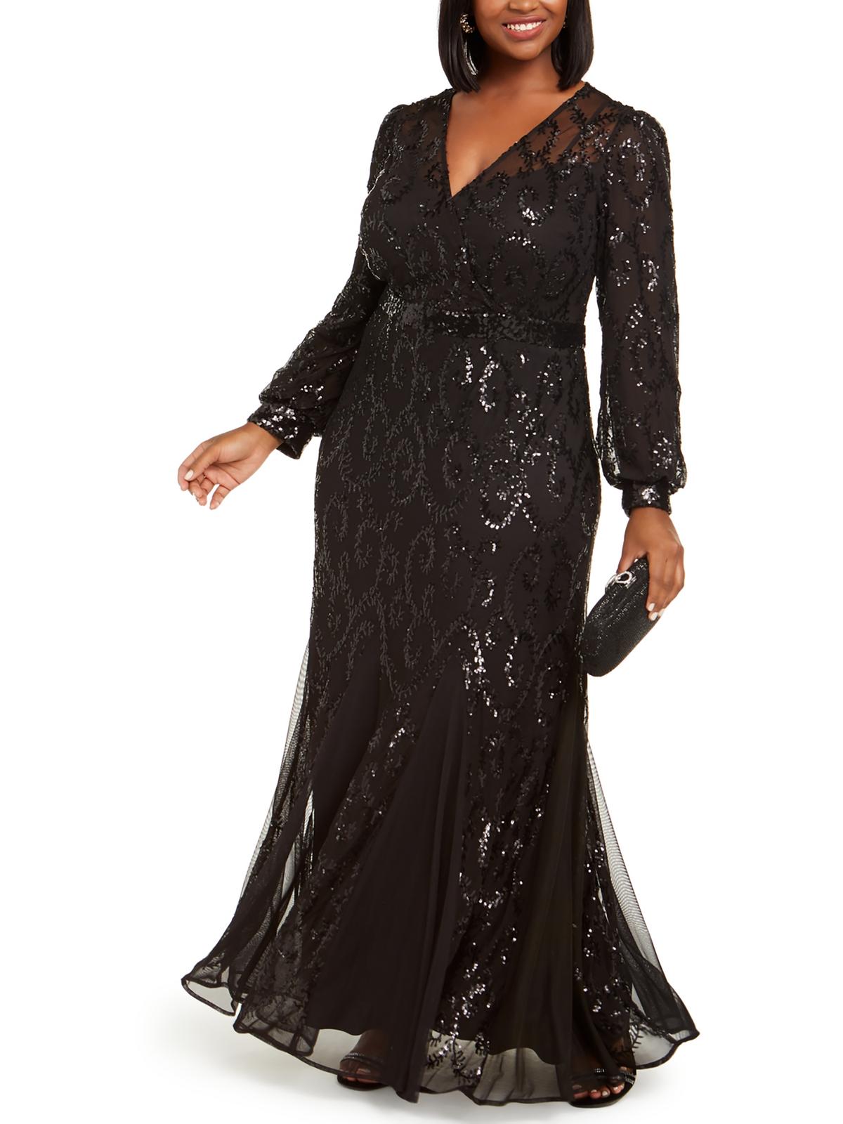 Shop R & M Richards Plus Womens Sequined Mesh Evening Dress In Black