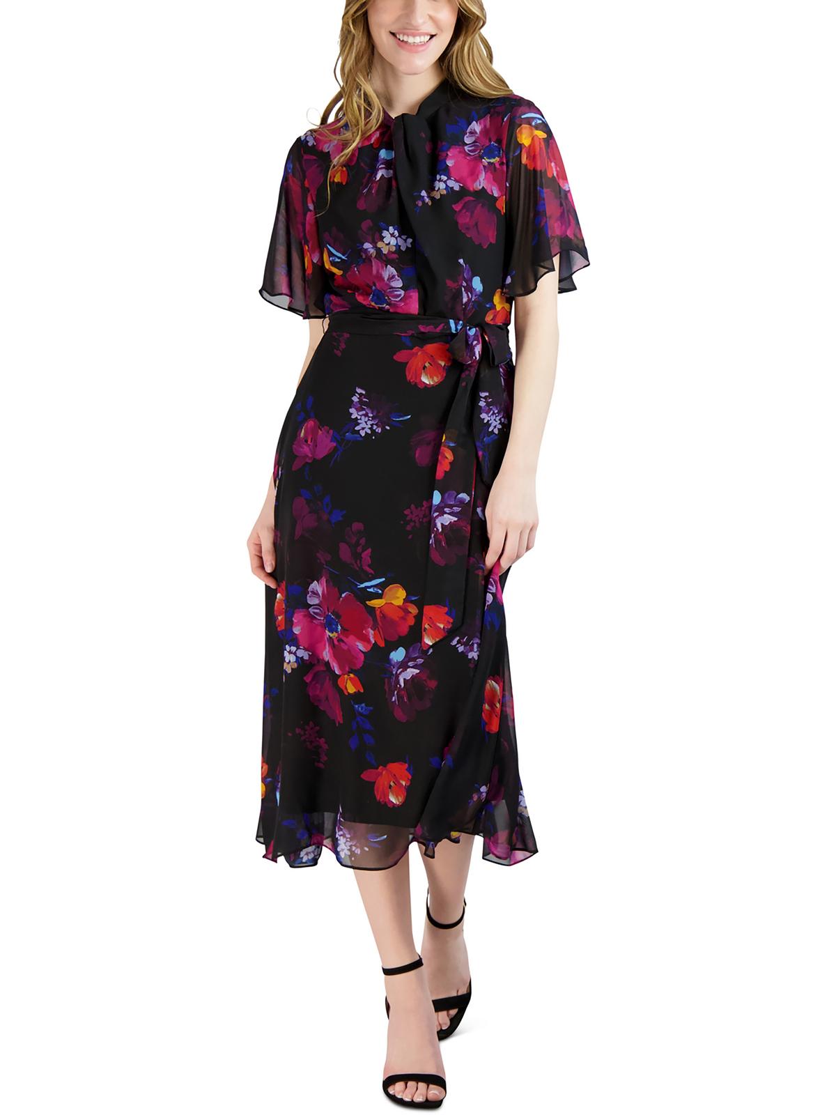 Donna Ricco Womens Floral Print Mid-calf Midi Dress In Brown